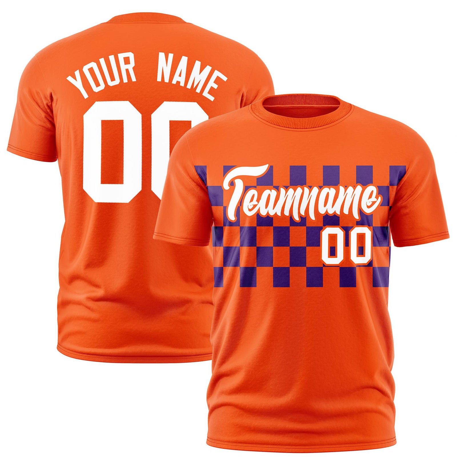 Custom Orange Purple Crew neck Plaid Pattern Personalized Performance T-Shirt