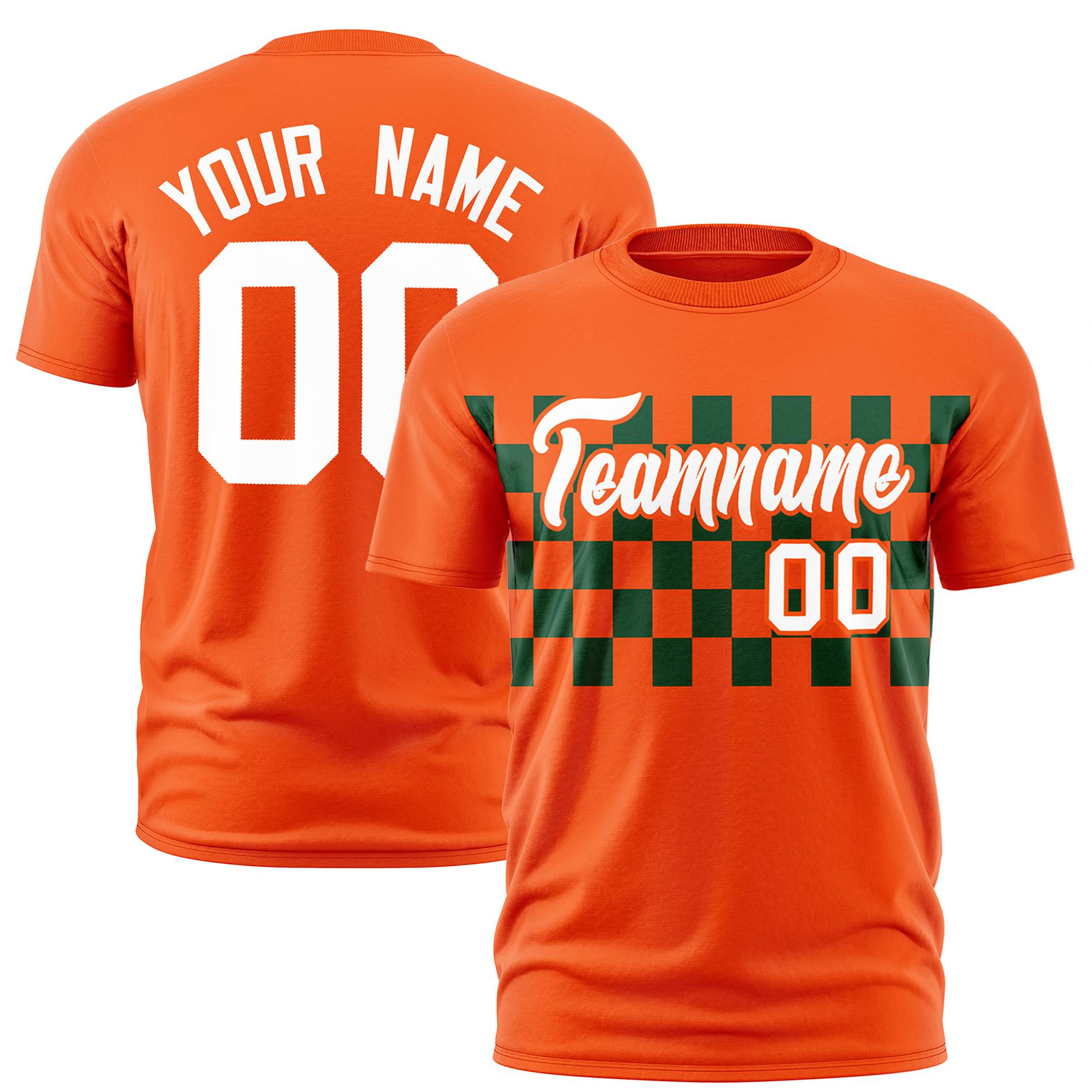 Custom Orange Green Crew neck Plaid Pattern Personalized Performance T-Shirt