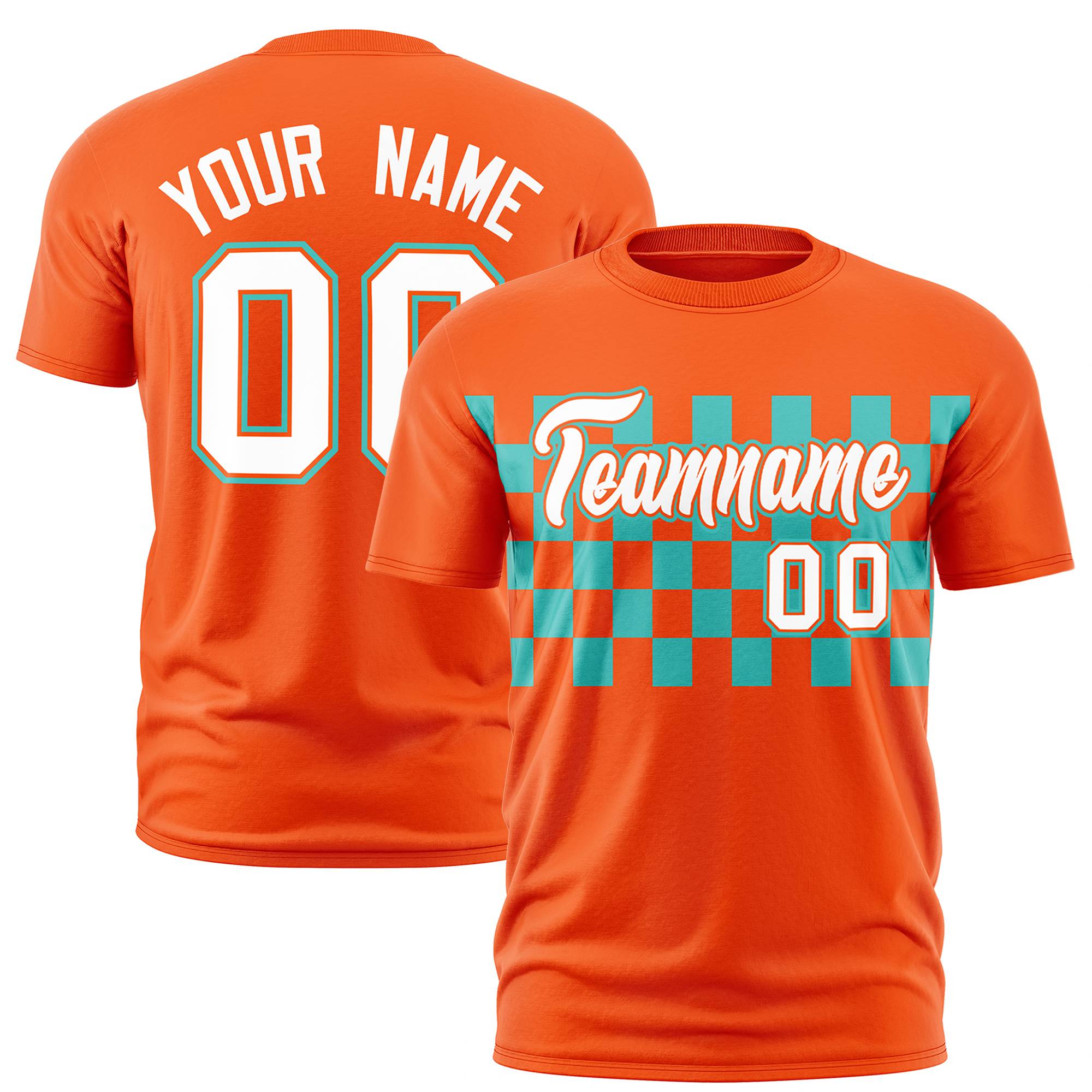 Custom Orange Aqua Crew neck Plaid Pattern Personalized Performance T-Shirt