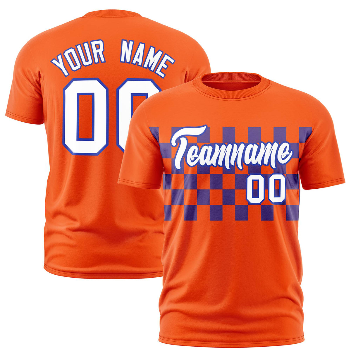 Custom Orange Purple Crew neck Plaid Pattern Personalized Performance T-Shirt