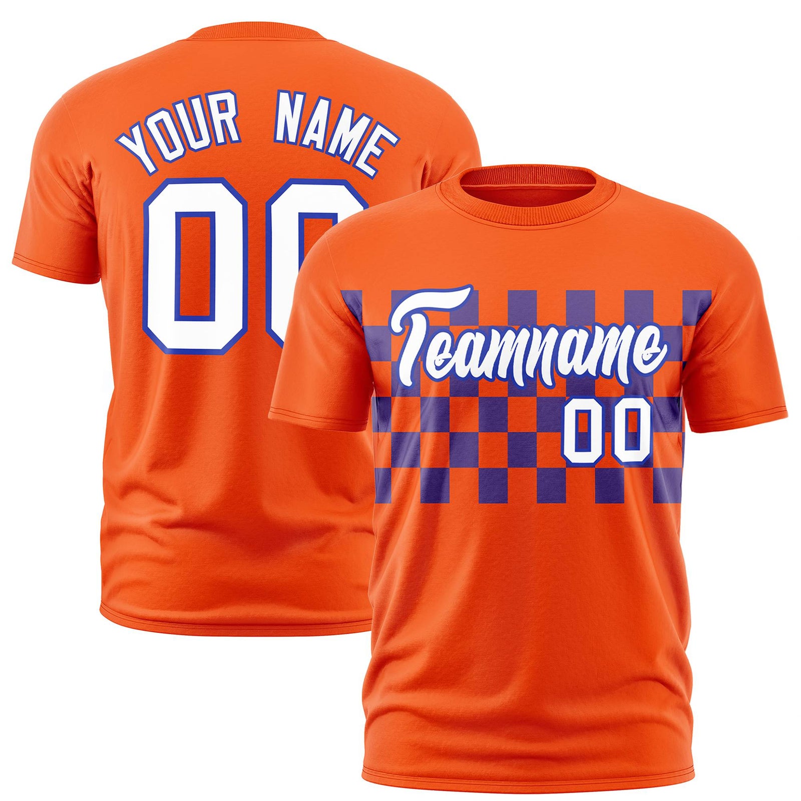 Custom Orange Purple Crew neck Plaid Pattern Personalized Performance T-Shirt