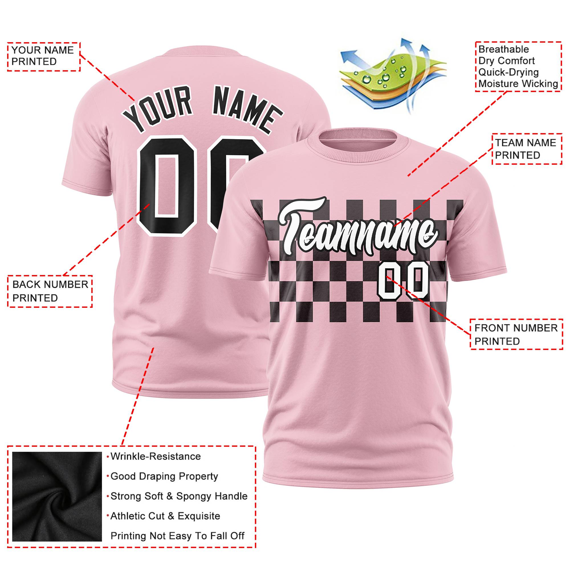 Custom Light Pink Black Crew neck Plaid Pattern Personalized Performance T-Shirt