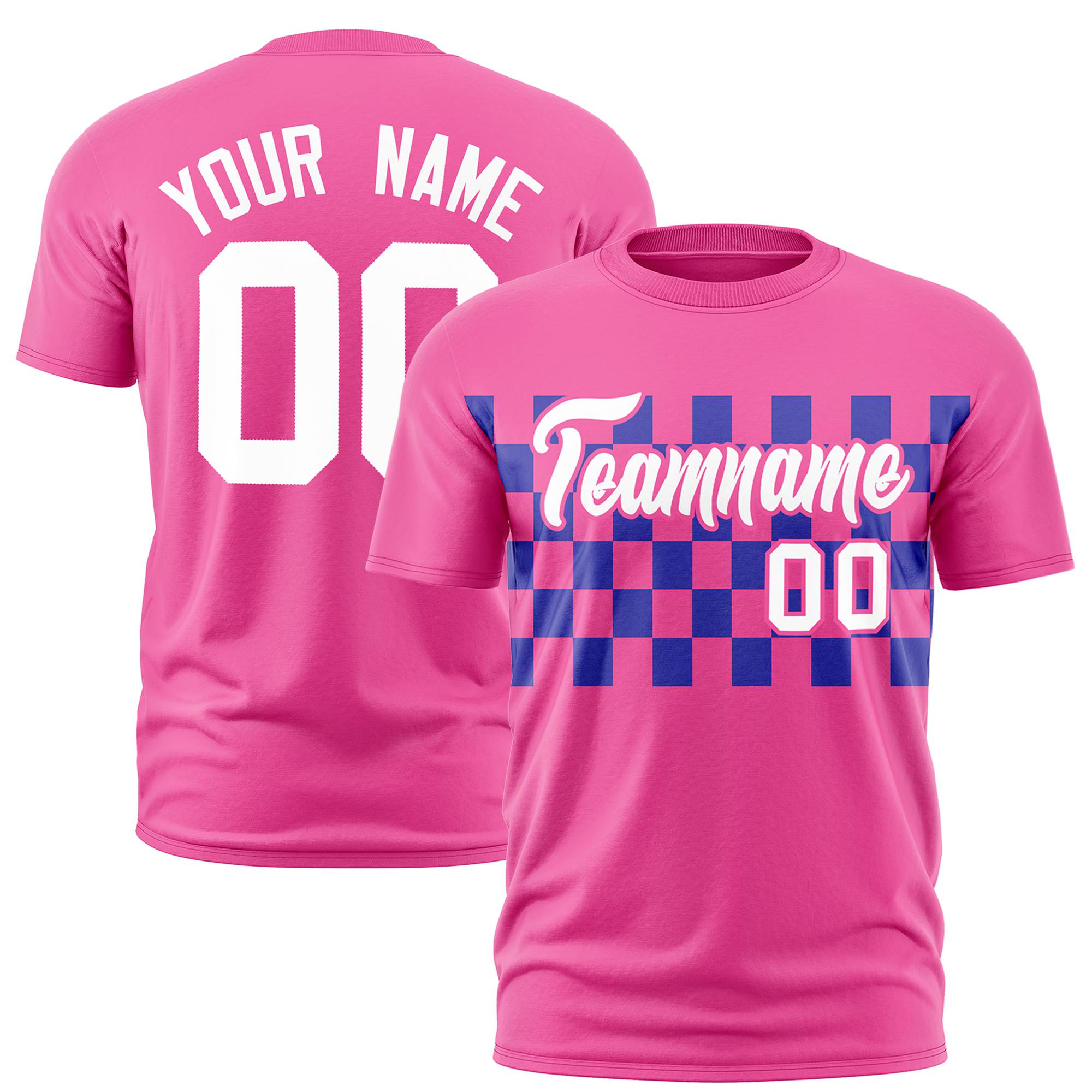 Custom Pink Royal Blue Crew neck Plaid Pattern Personalized Performance T-Shirt