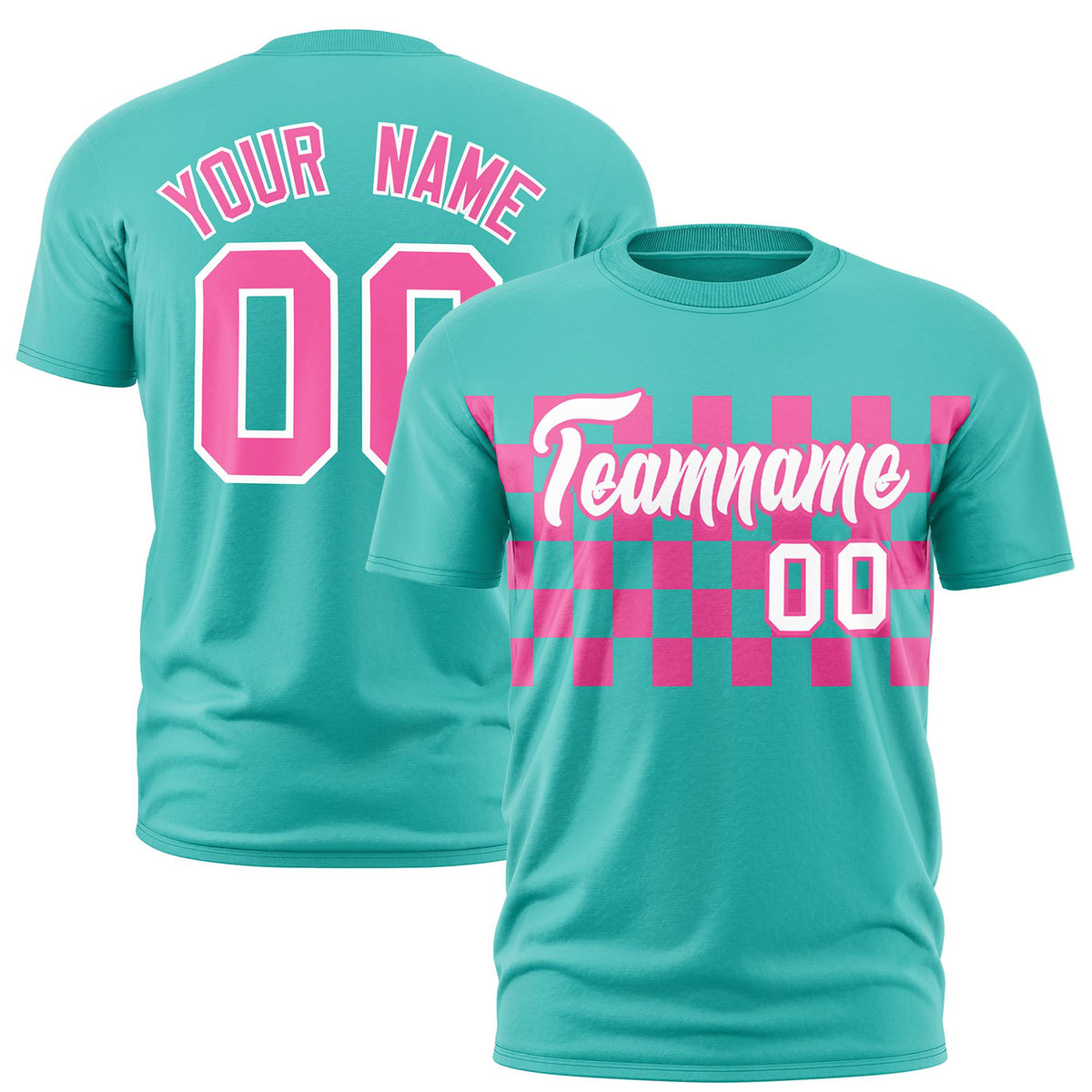 Custom Teal Pink Crew neck Plaid Pattern Personalized Performance T-Shirt