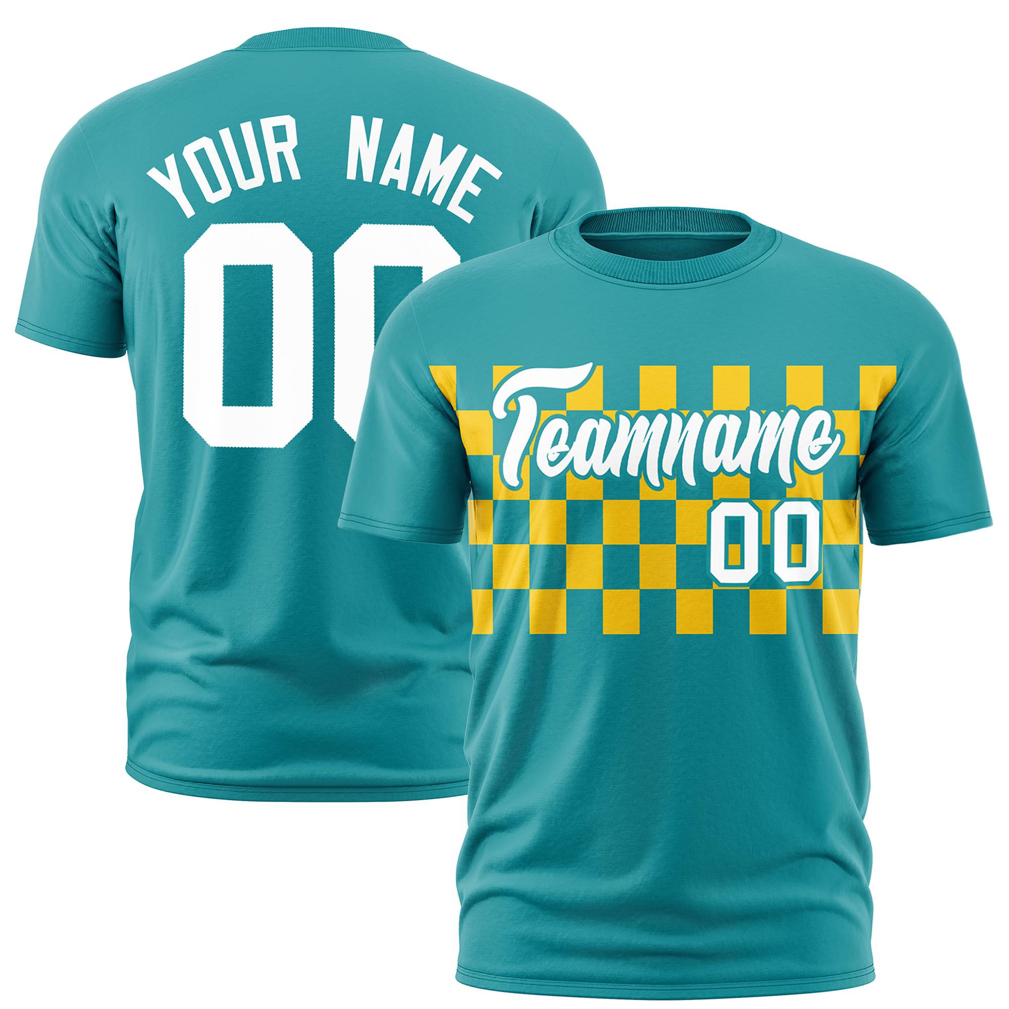 Custom Aqua Yellow Crew neck Plaid Pattern Personalized Performance T-Shirt