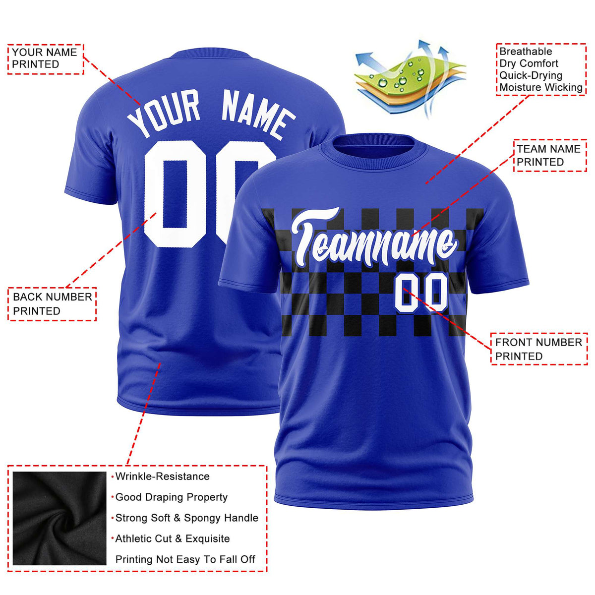 Custom Royal Blue Black Crew neck Plaid Pattern Personalized Performance T-Shirt