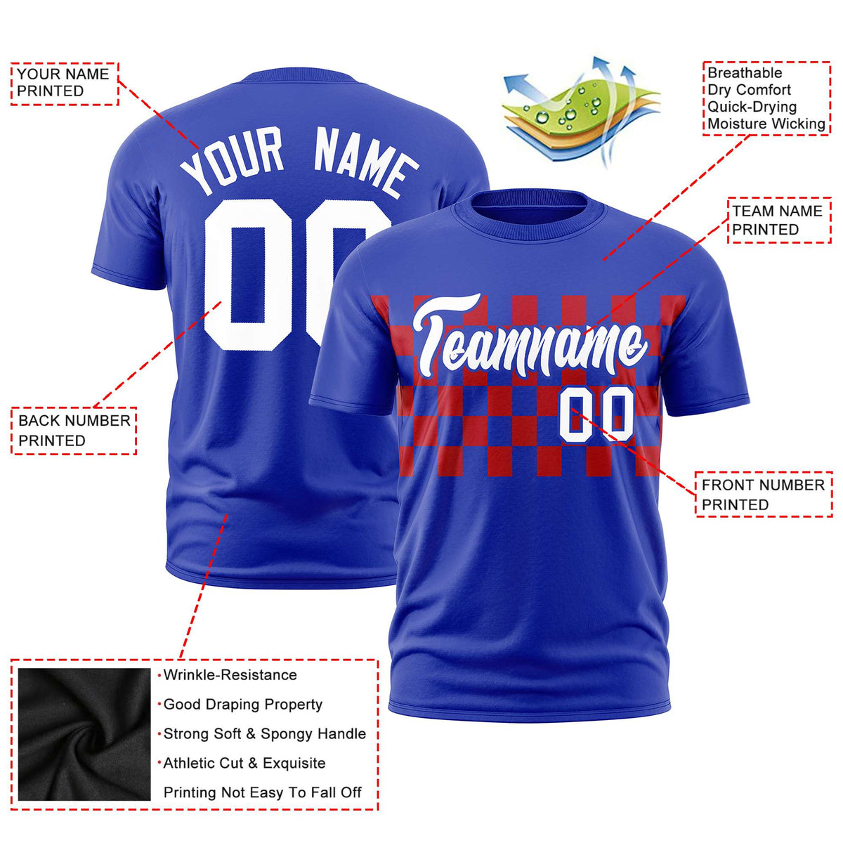 Custom Royal Blue Red Crew neck Plaid Pattern Personalized Performance T-Shirt