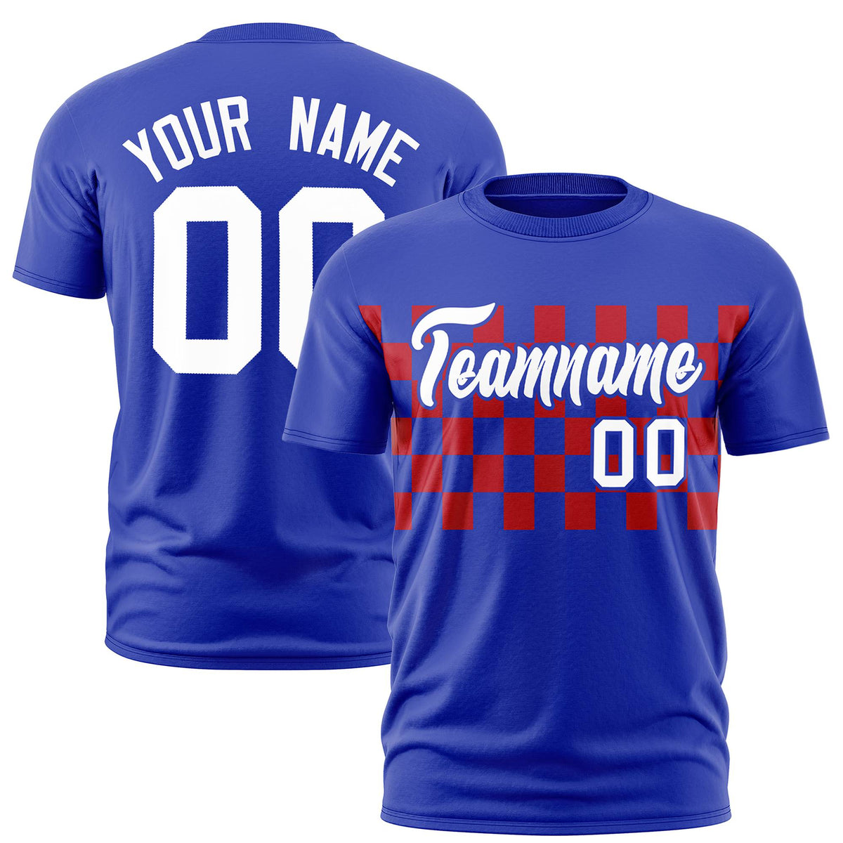 Custom Royal Blue Red Crew neck Plaid Pattern Personalized Performance T-Shirt