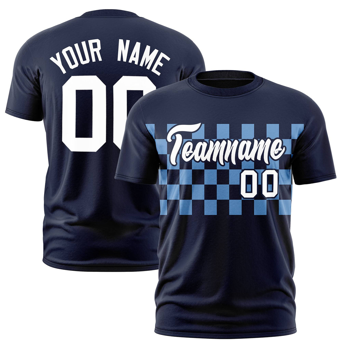 Custom Navy Powder Blue Crew neck Plaid Pattern Personalized Performance T-Shirt