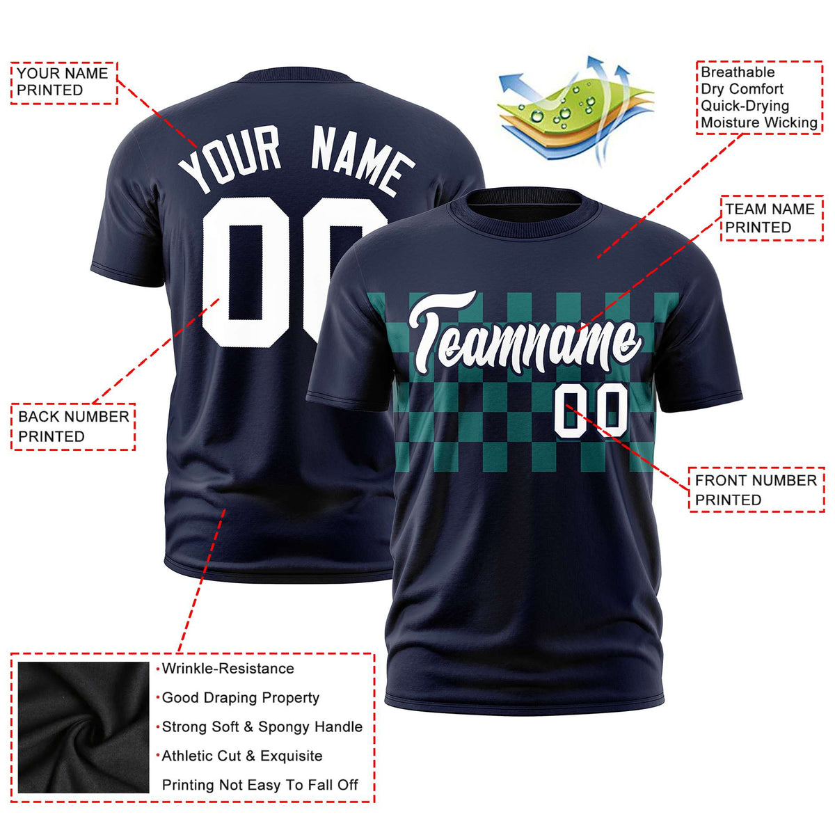 Custom Navy Teal Crew neck Plaid Pattern Personalized Performance T-Shirt
