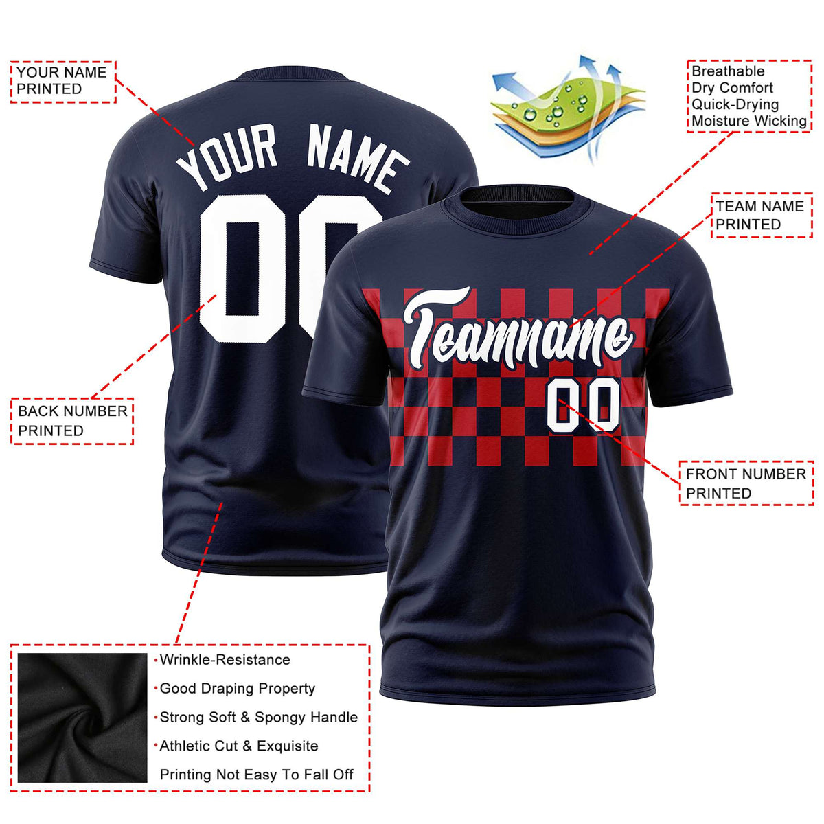 Custom Navy Red Crew neck Plaid Pattern Personalized Performance T-Shirt