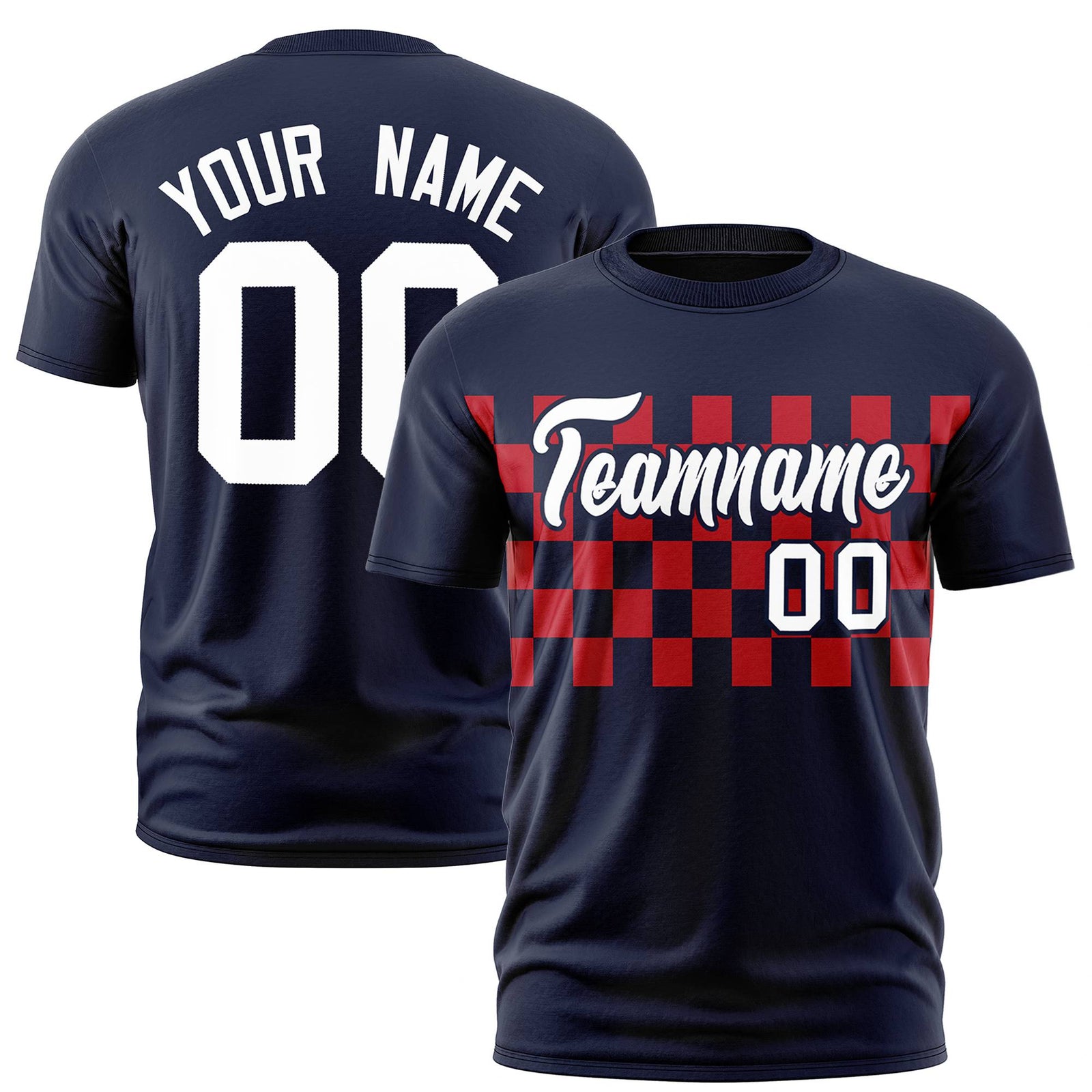 Custom Navy Red Crew neck Plaid Pattern Personalized Performance T-Shirt