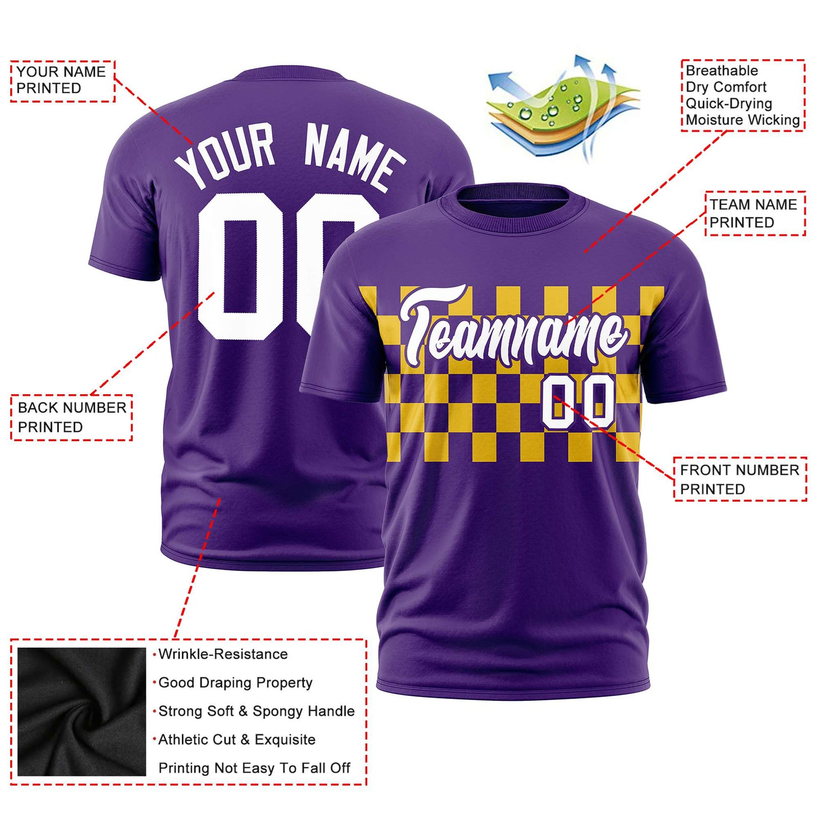Custom Purple Yellow Crew neck Plaid Pattern Personalized Performance T-Shirt