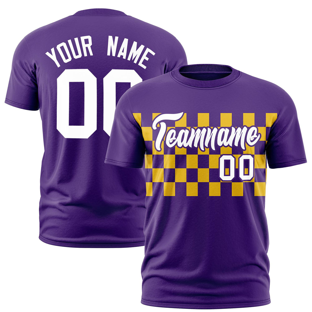 Custom Purple Yellow Crew neck Plaid Pattern Personalized Performance T-Shirt