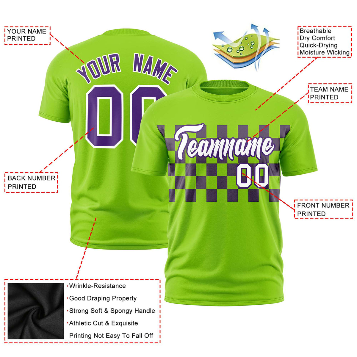 Custom Neon Green Purple Crew neck Plaid Pattern Personalized Performance T-Shirt