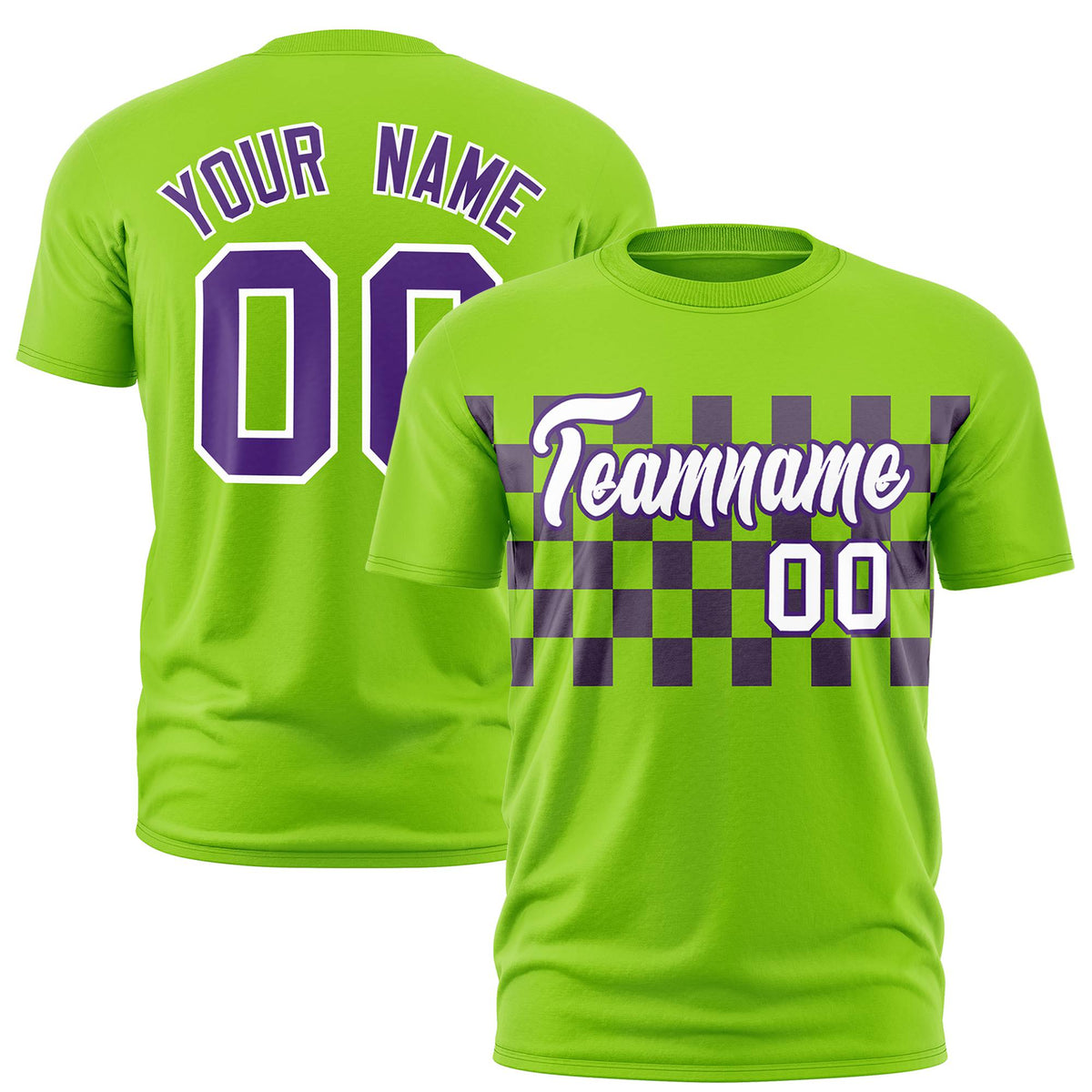Custom Neon Green Purple Crew neck Plaid Pattern Personalized Performance T-Shirt