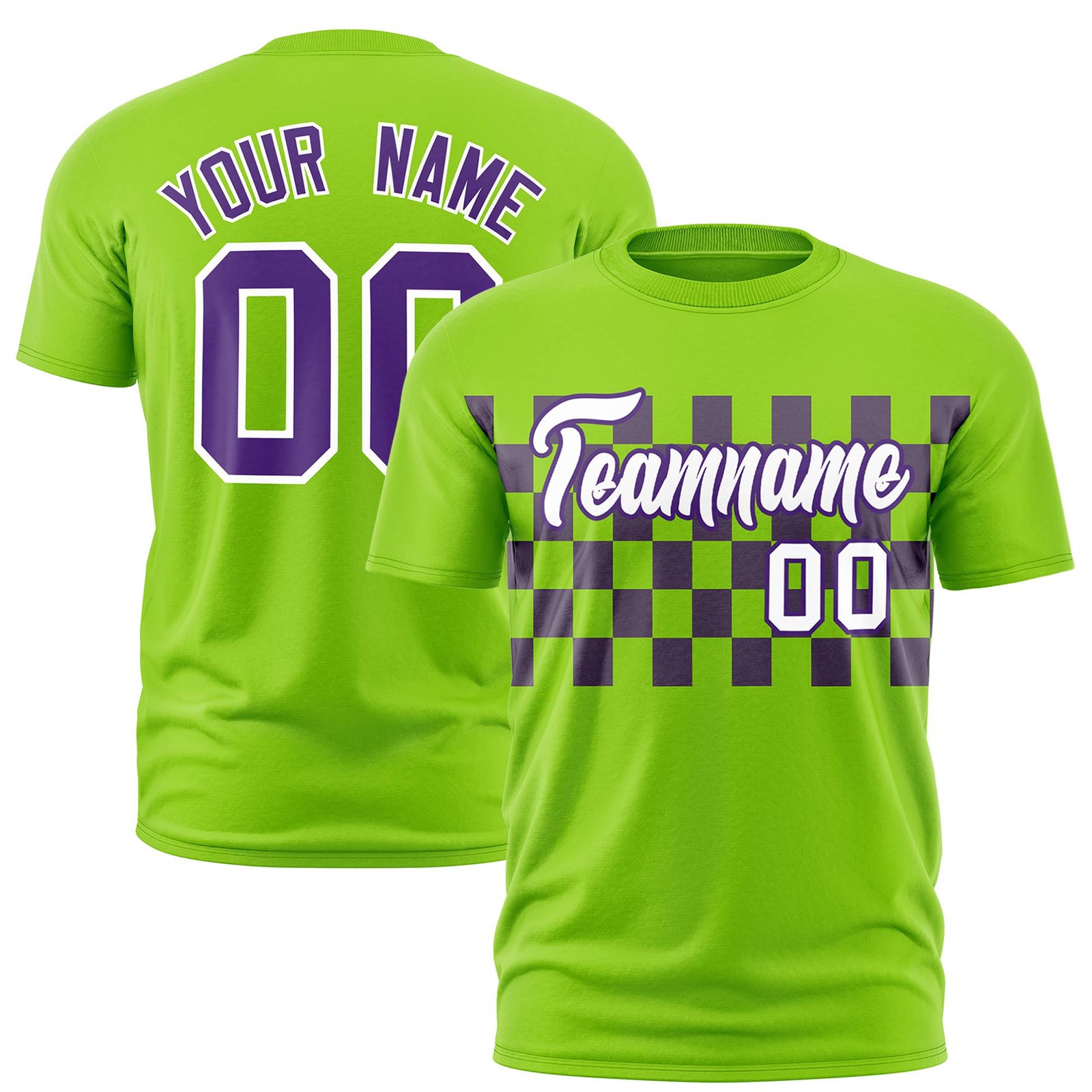 Custom Neon Green Purple Crew neck Plaid Pattern Personalized Performance T-Shirt