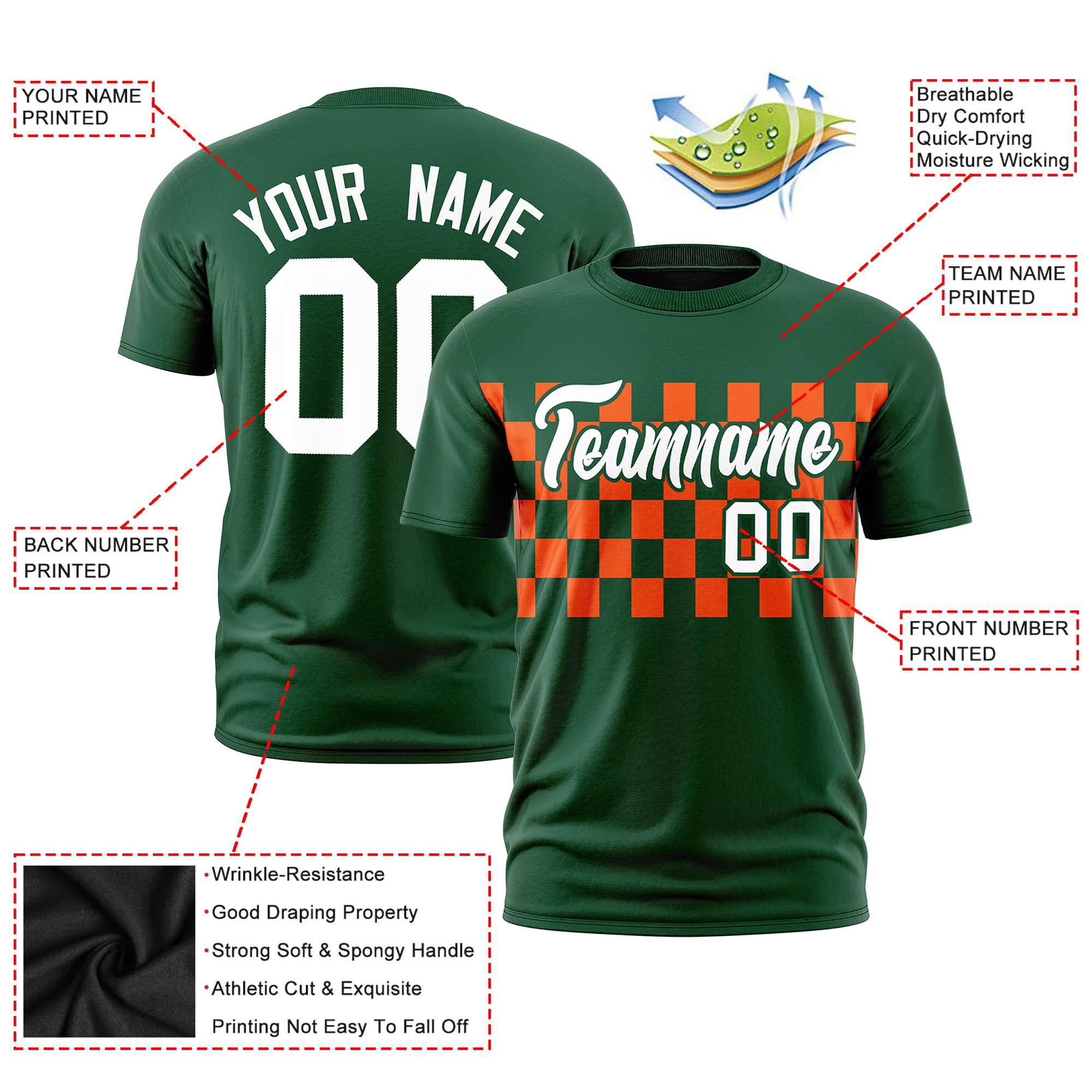 Custom Green Orange Crew neck Plaid Pattern Personalized Performance T-Shirt