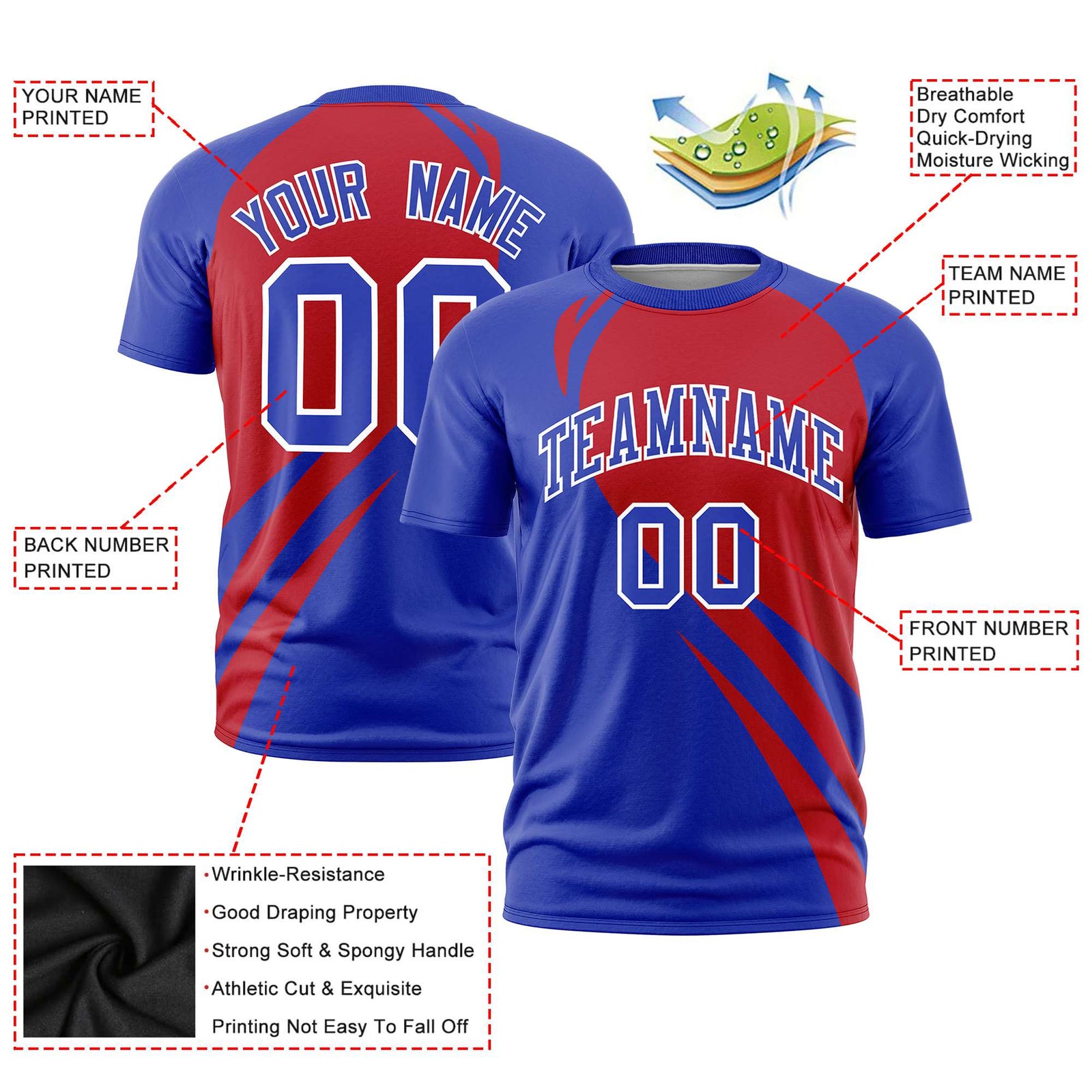 Custom Red-Royal Blue Personalized Slanting Lump Pattern Performance T-Shirt