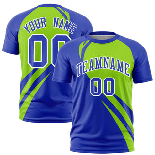 Camiseta deportiva personalizada con estampado de bultos inclinados en verde neón y azul rey - Estilo 1