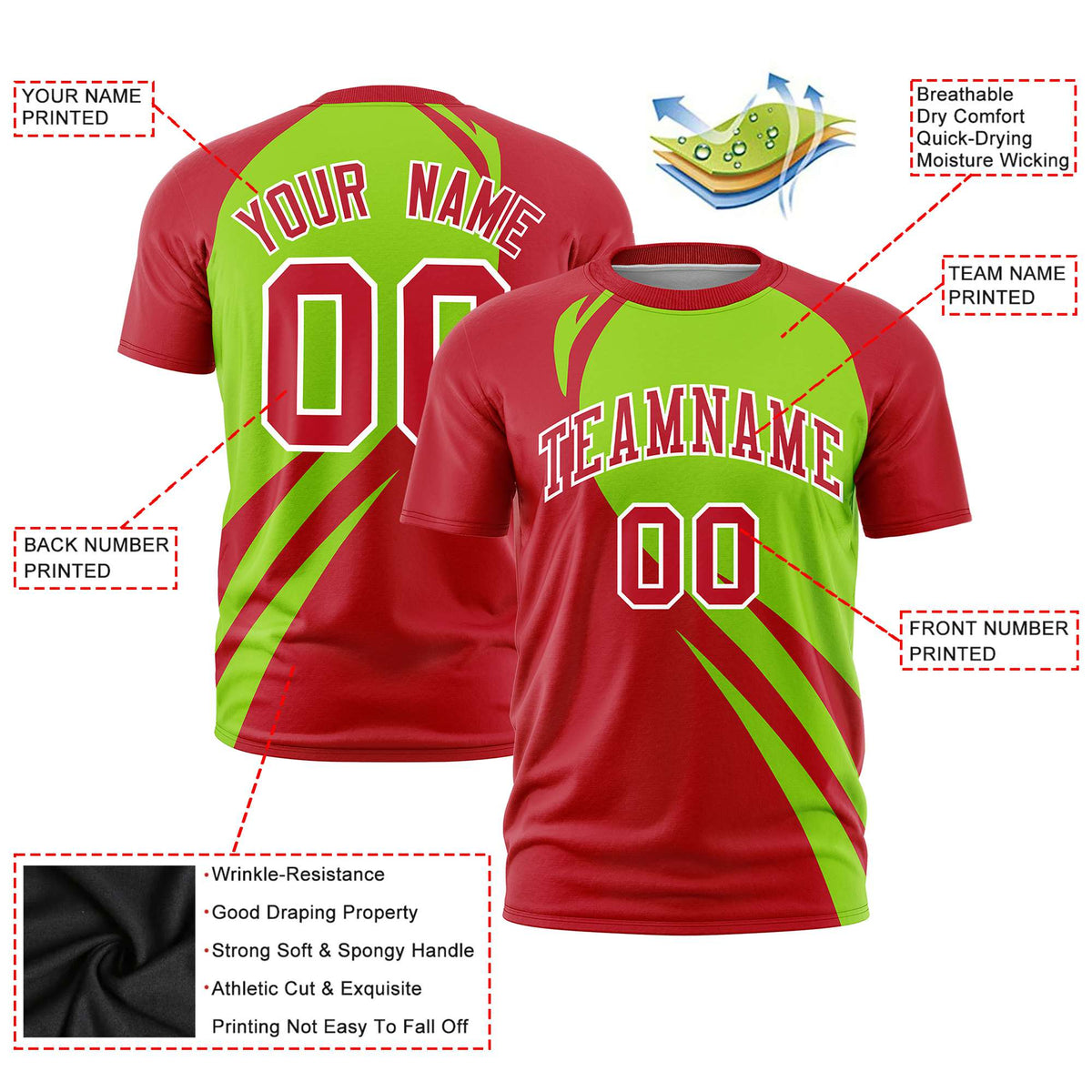 Custom Neon Green-Red Personalized Slanting Lump Pattern Performance T-Shirt