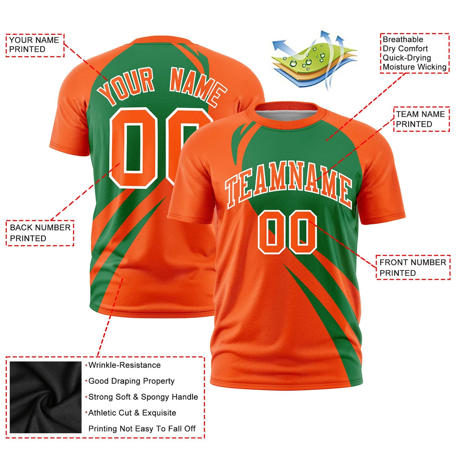 Custom Kelly Green-Orange Personalized Slanting Lump Pattern Performance T-Shirt