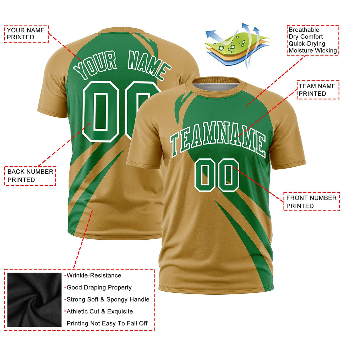 Custom Kelly Green-Gold Personalized Slanting Lump Pattern Performance T-Shirt