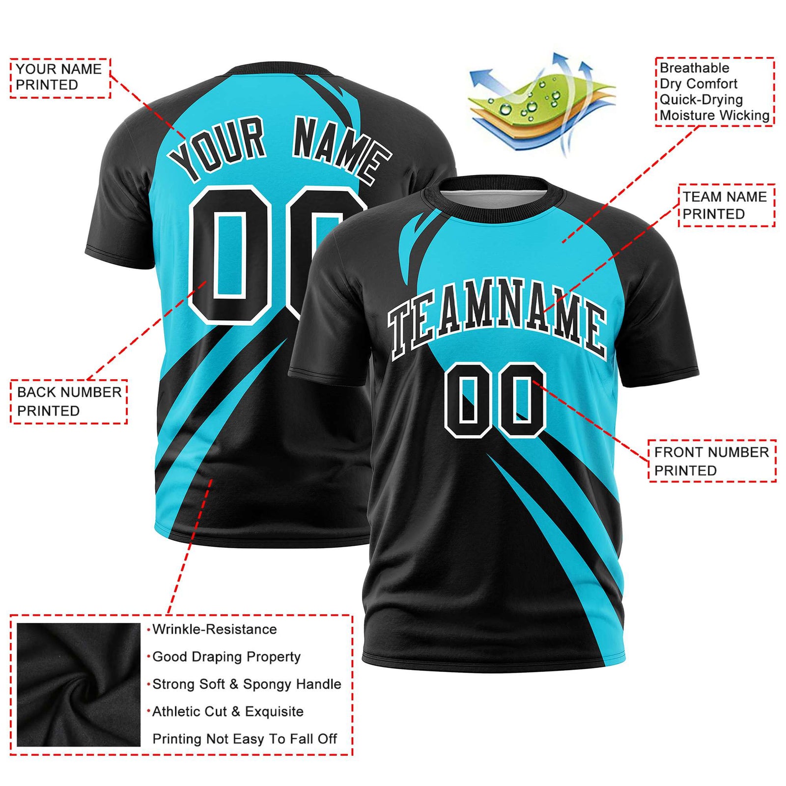 Custom Sky Blue-Black Personalized Slanting Lump Pattern Performance T-Shirt