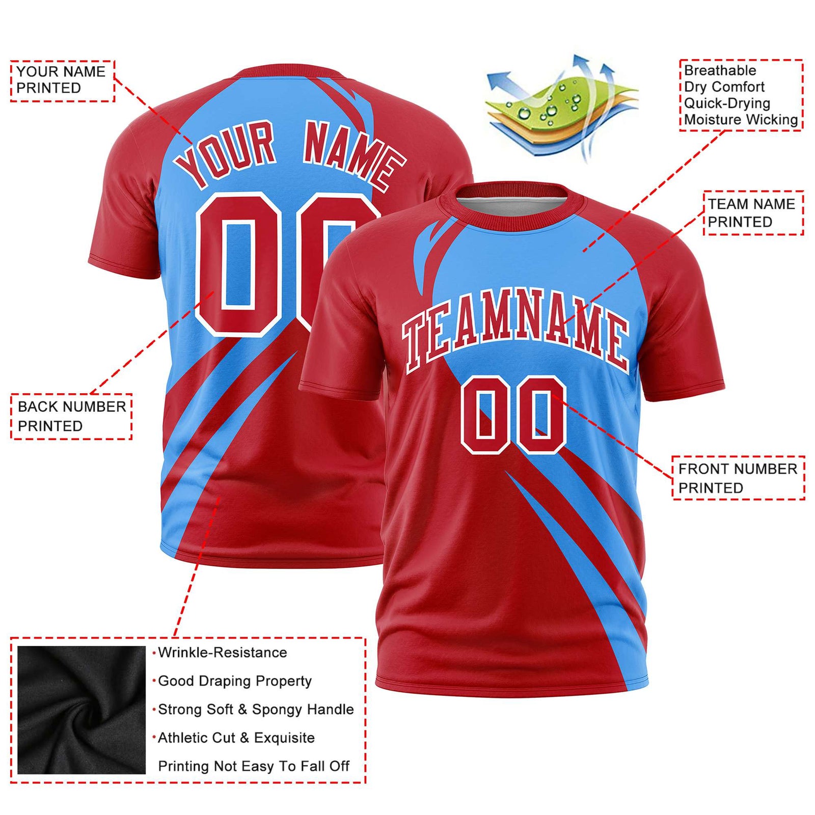 Custom Powder Blue-Red Personalized Slanting Lump Pattern Performance T-Shirt