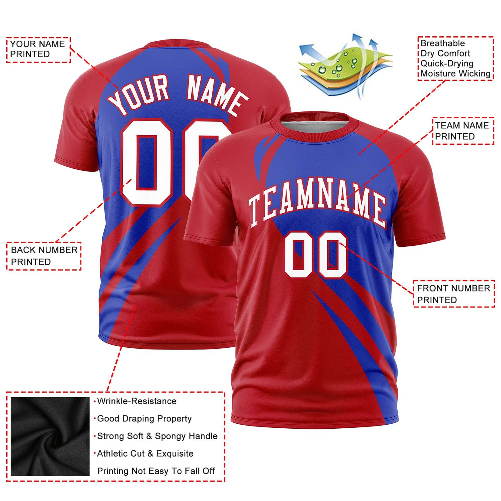 Custom Royal Blue-Red Personalized Slanting Lump Pattern Performance T-Shirt