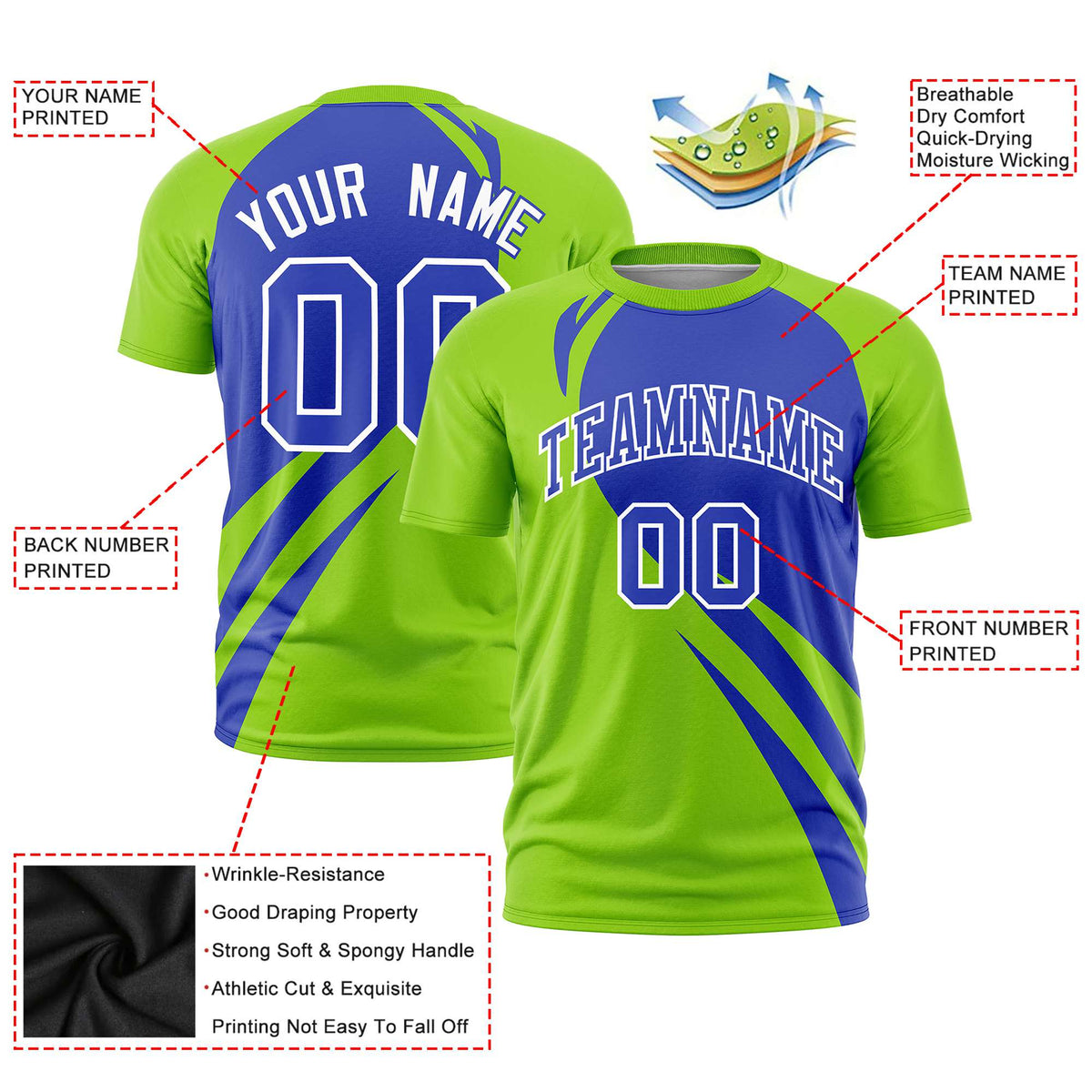 Custom Royal Blue-Neon Green Personalized Slanting Lump Pattern Performance T-Shirt