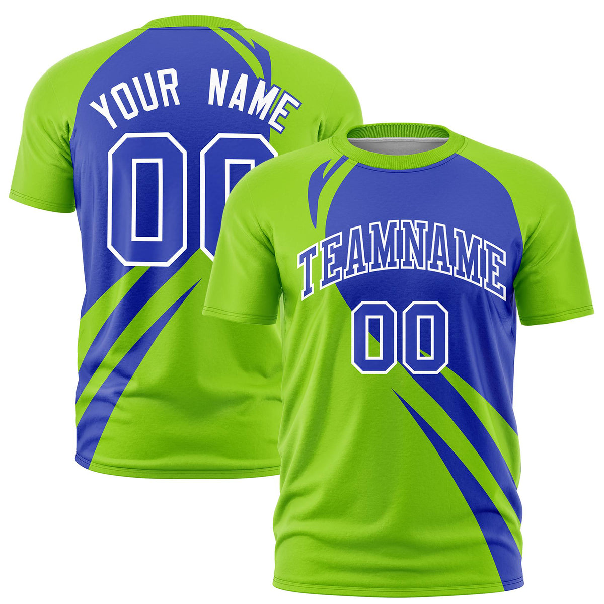 Custom Royal Blue-Neon Green Personalized Slanting Lump Pattern Performance T-Shirt
