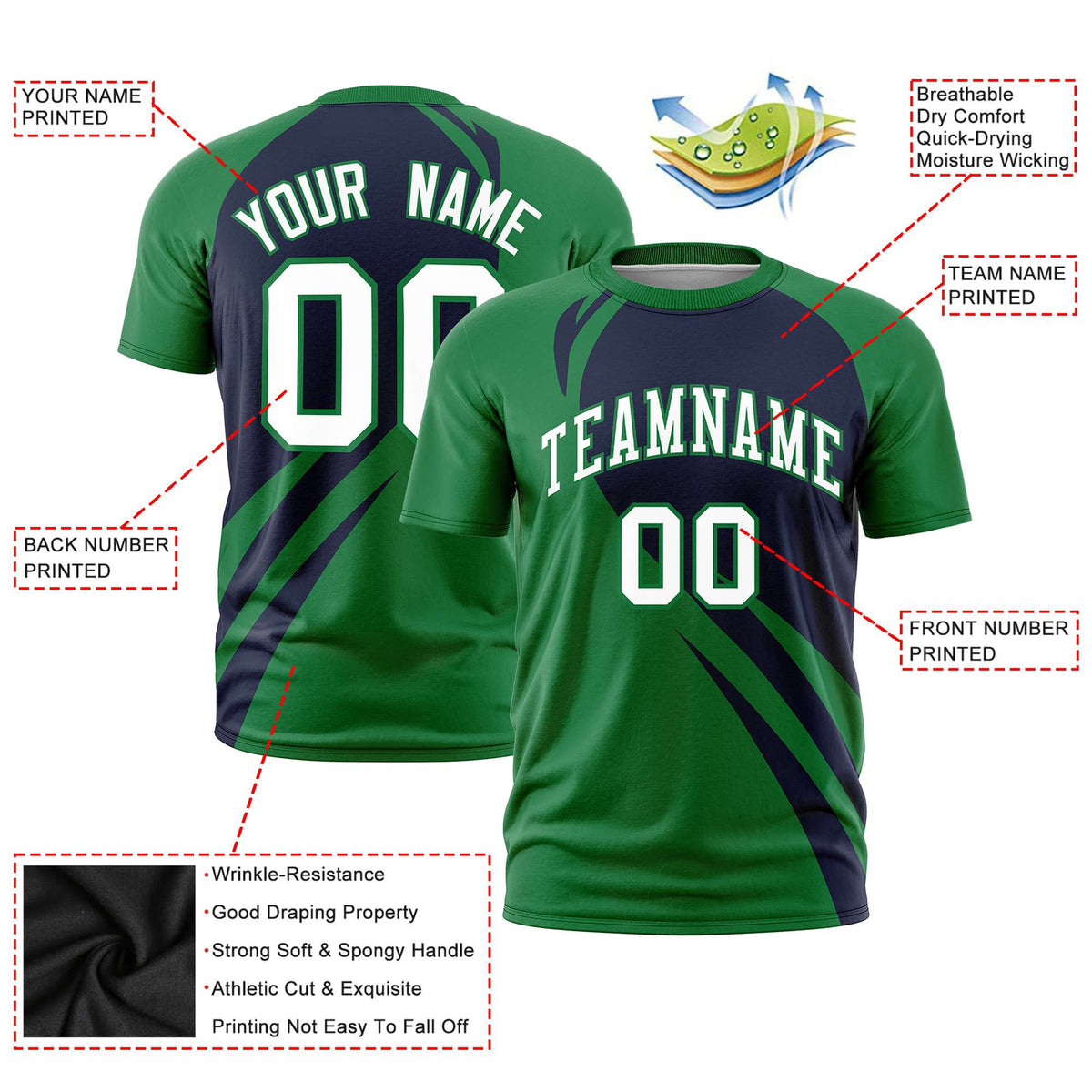 Custom Navy-Kelly Green Personalized Slanting Lump Pattern Performance T-Shirt