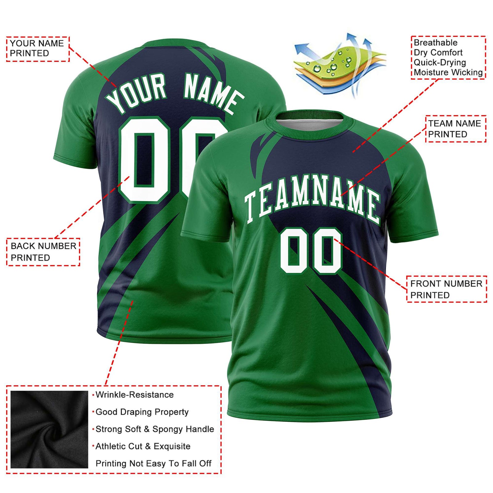 Custom Navy-Kelly Green Personalized Slanting Lump Pattern Performance T-Shirt