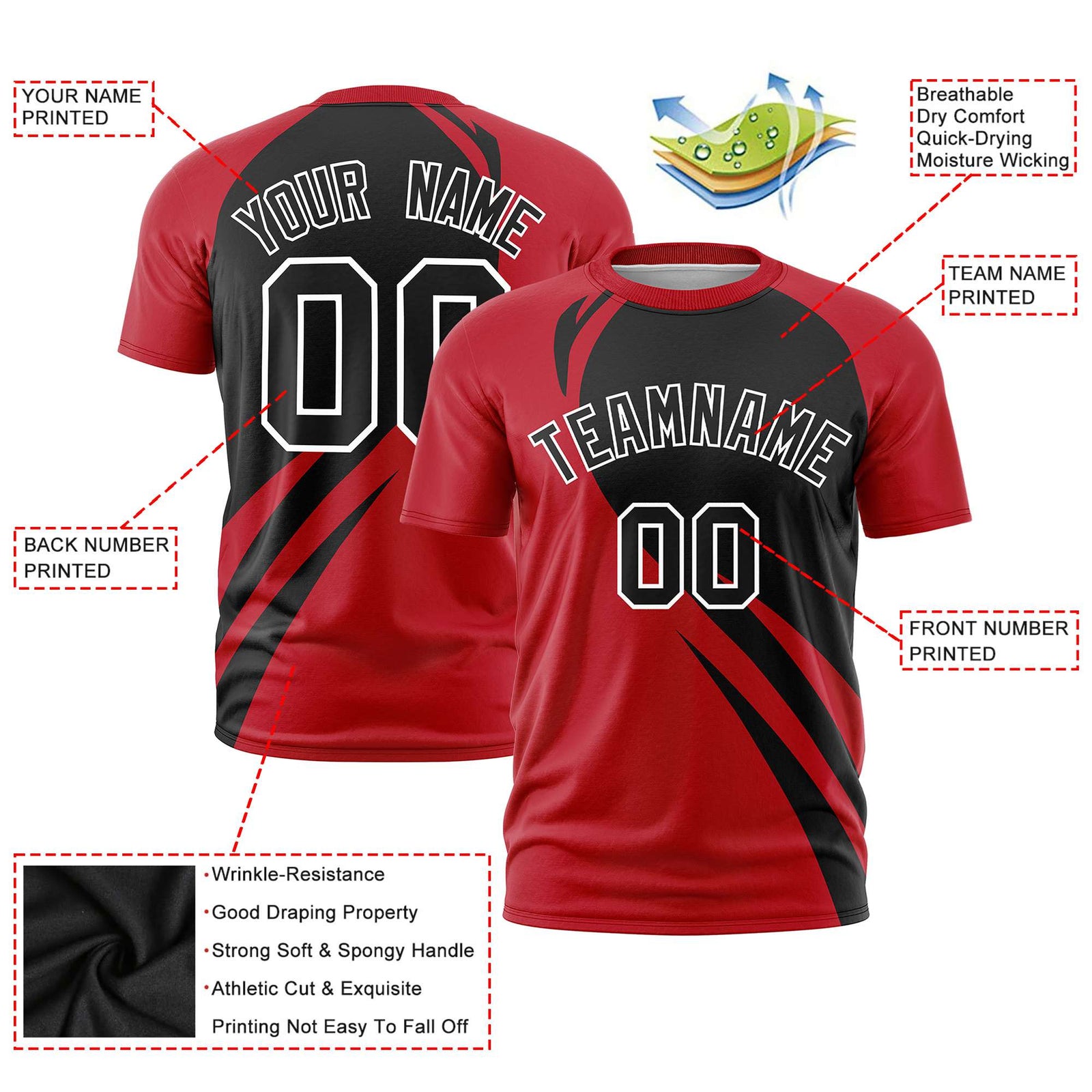 Custom Black Red Personalized Slanting Lump Pattern Performance T-Shirt