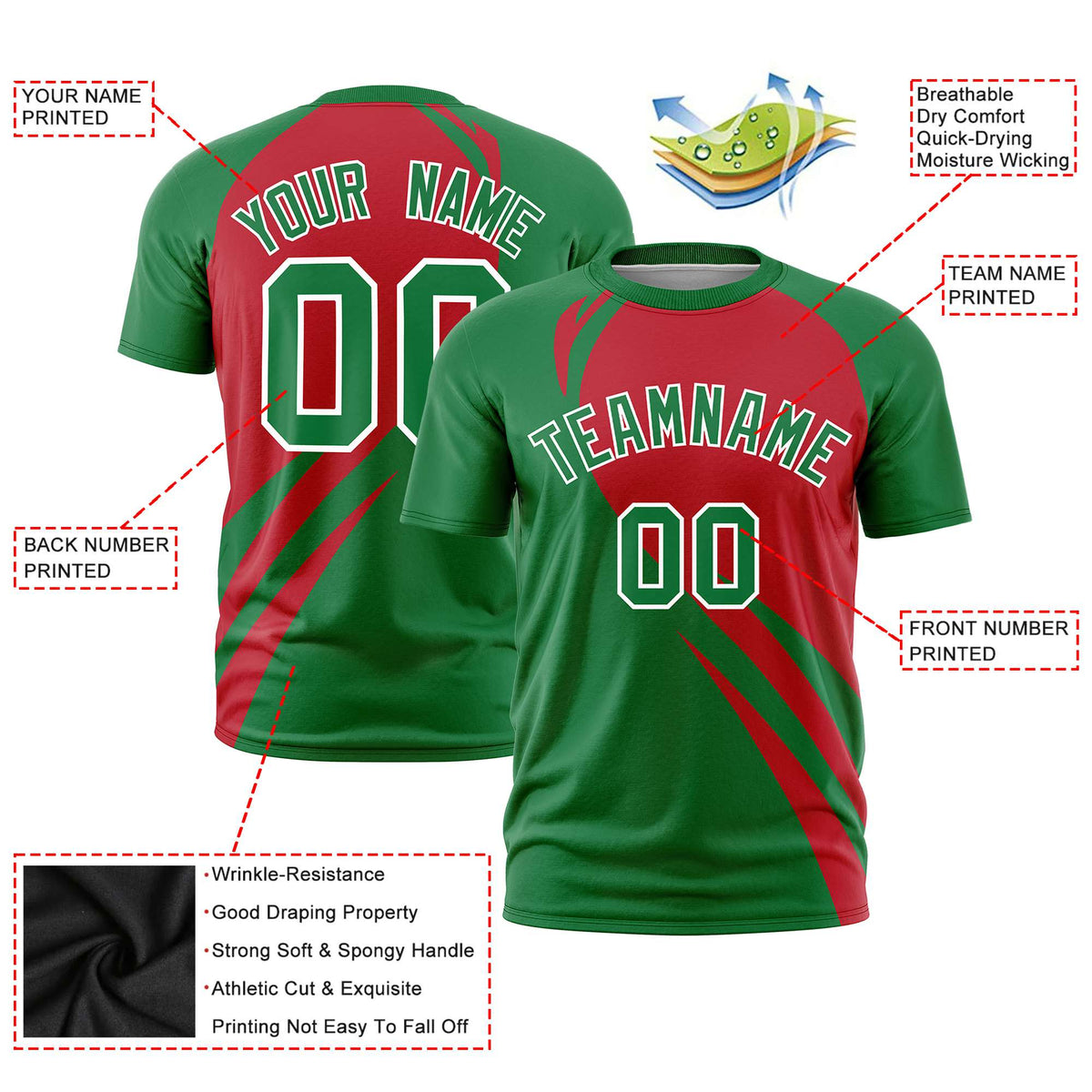 Custom Red-Kelly Green Personalized Slanting Lump Pattern Performance T-Shirt