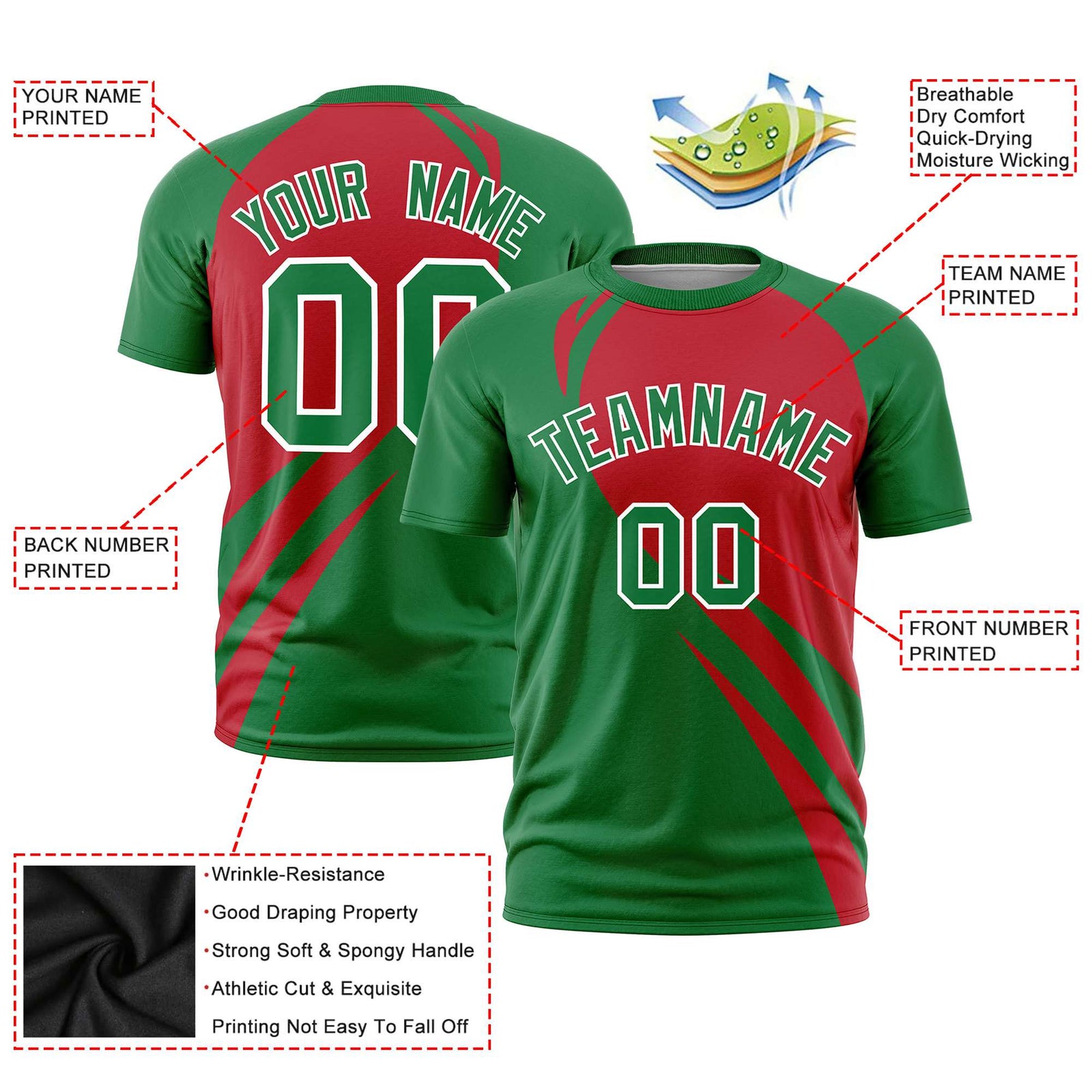 Custom Red-Kelly Green Personalized Slanting Lump Pattern Performance T-Shirt