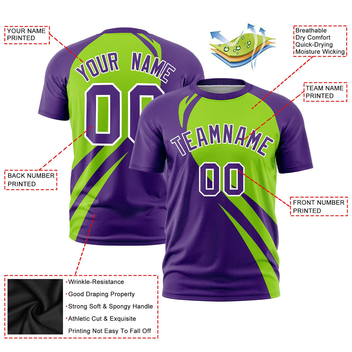 Custom Neon Green-Purple Personalized Slanting Lump Pattern Performance T-Shirt