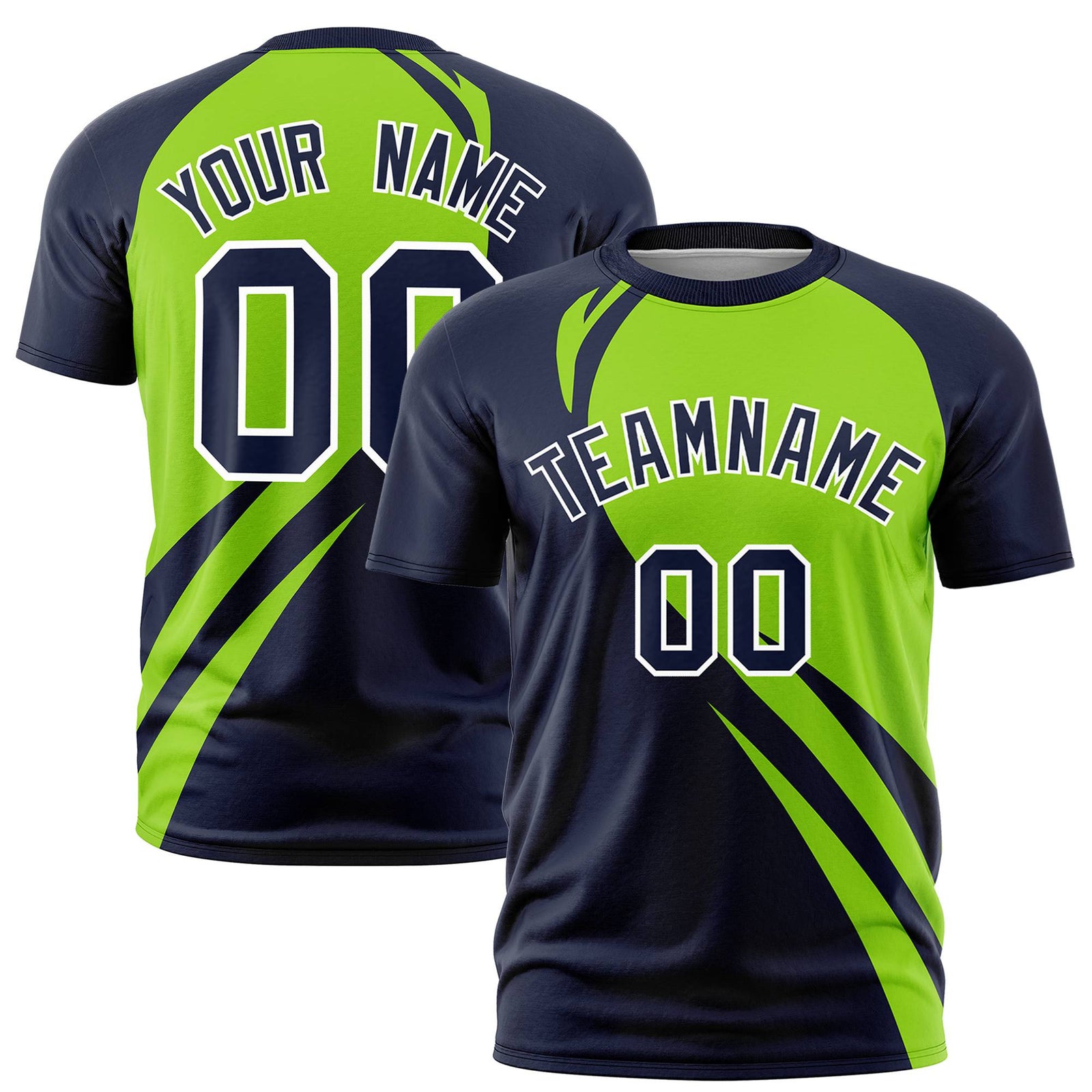 Custom Neon Green-Navy Personalized Slanting Lump Pattern Performance T-Shirt