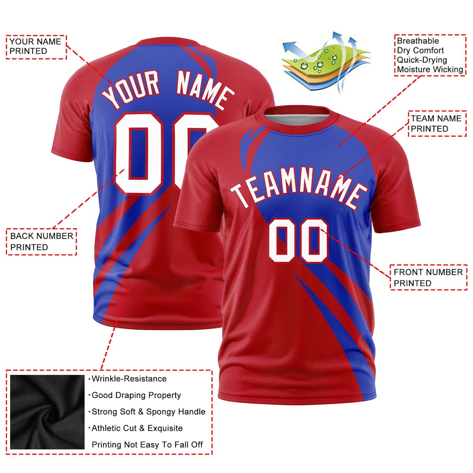 Custom Royal Blue-Red Personalized Slanting Lump Pattern Performance T-Shirt