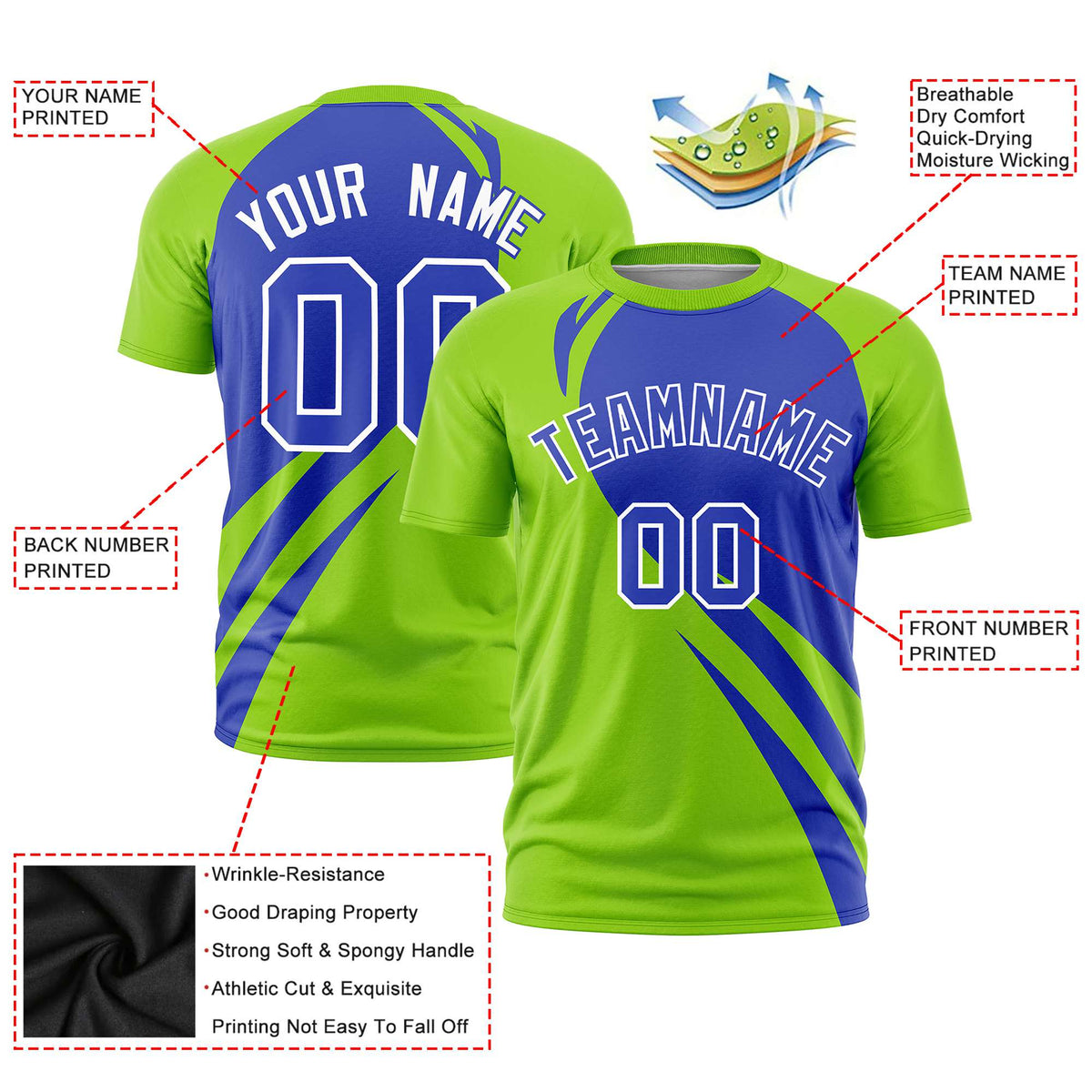 Custom Royal Blue-Neon Green Personalized Slanting Lump Pattern Performance T-Shirt
