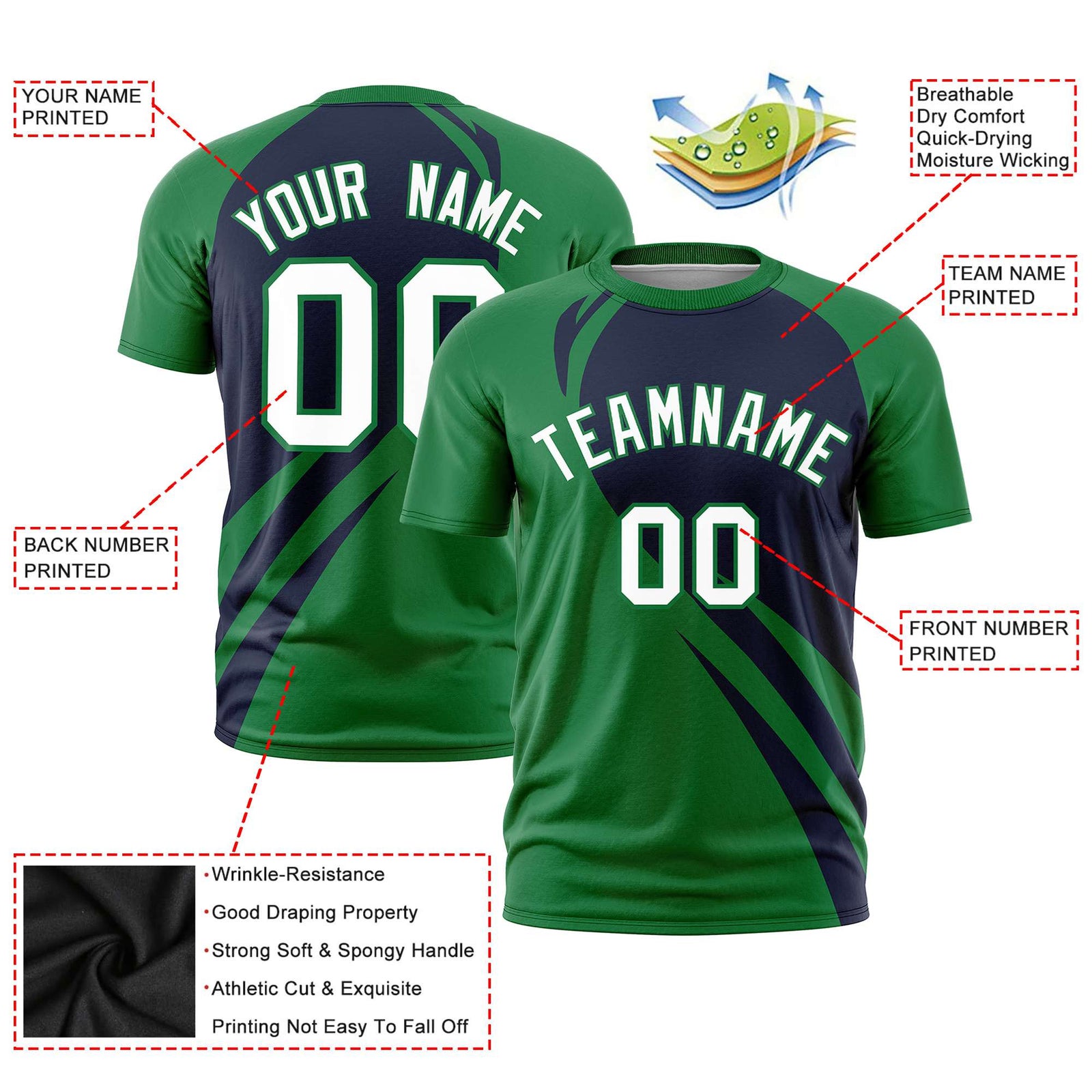 Custom Navy-Kelly Green Personalized Slanting Lump Pattern Performance T-Shirt
