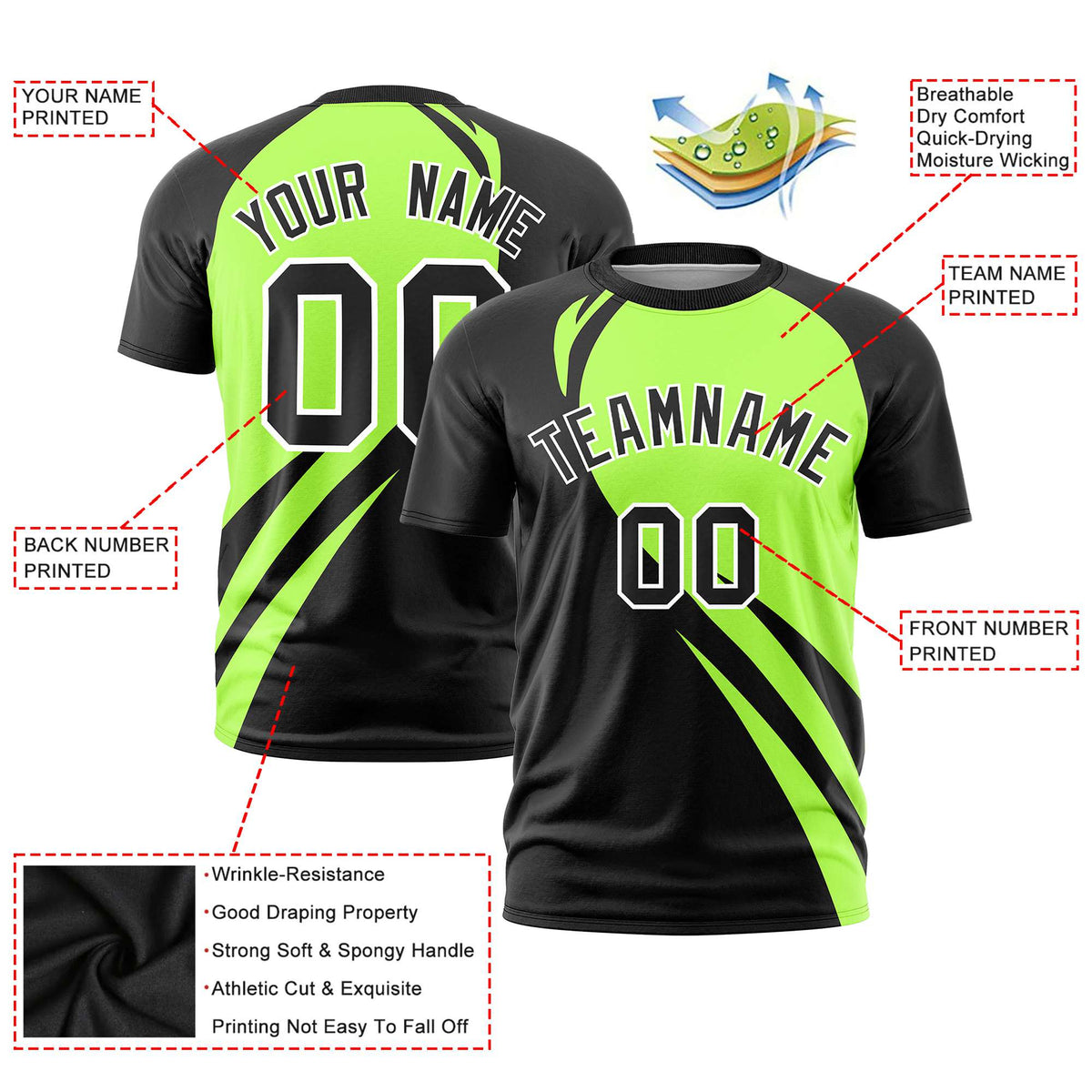 Custom Neon Green-Black Personalized Slanting Lump Pattern Performance T-Shirt