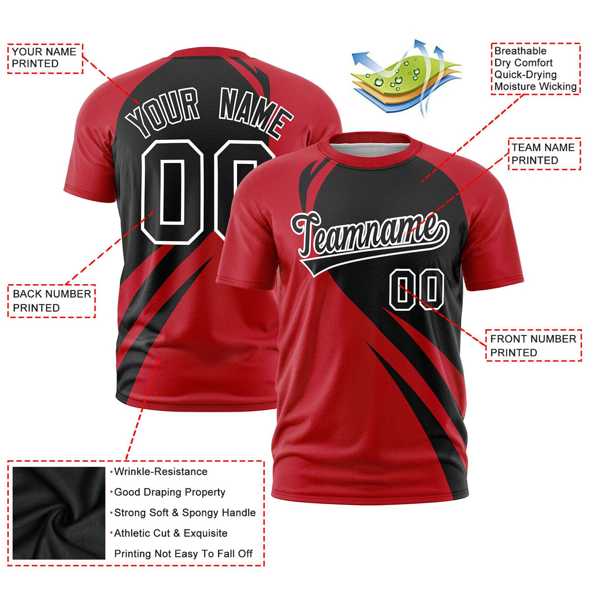 Custom Black Red Personalized Slanting Lump Pattern Performance T-Shirt