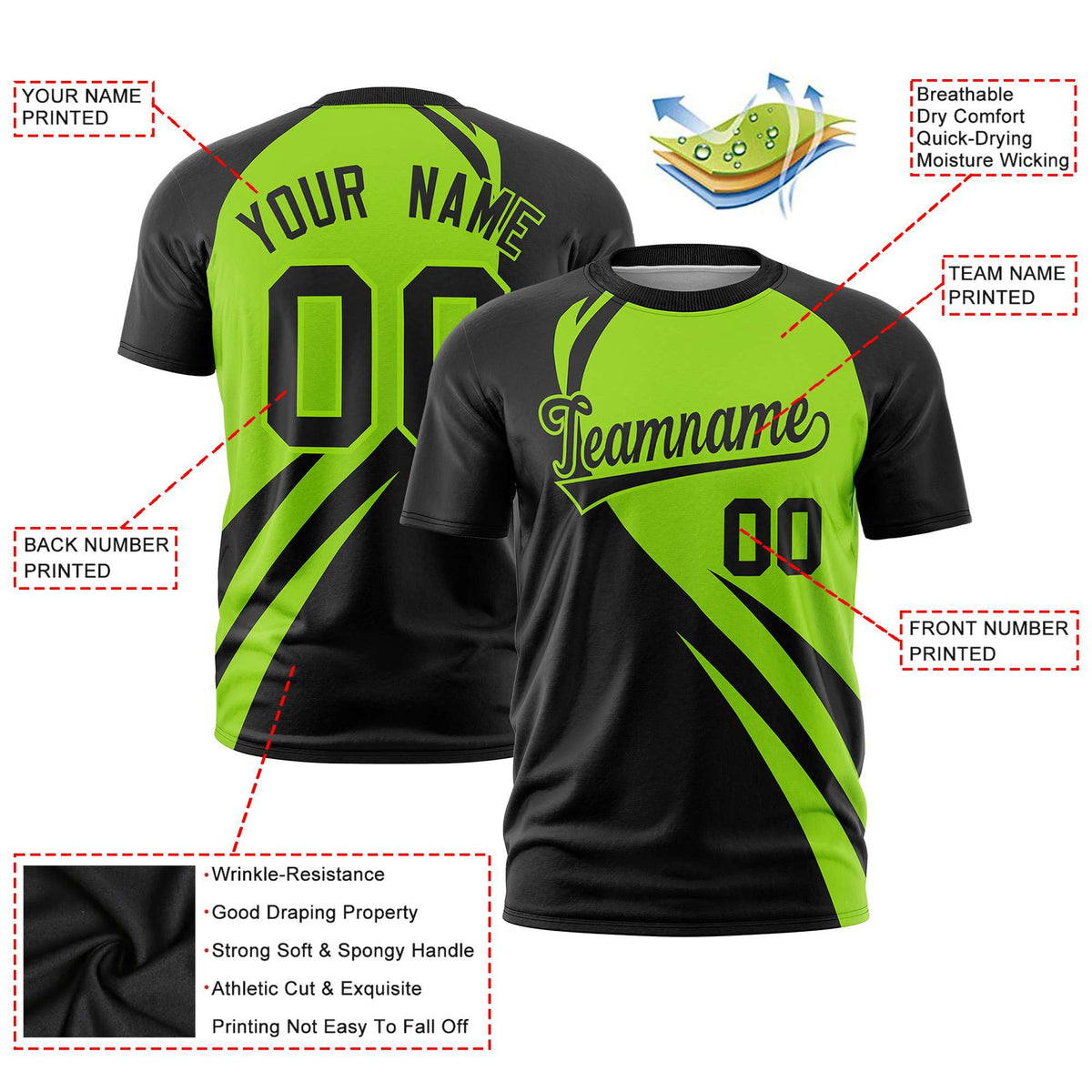Custom Neon Green-Black Personalized Slanting Lump Pattern Performance T-Shirt