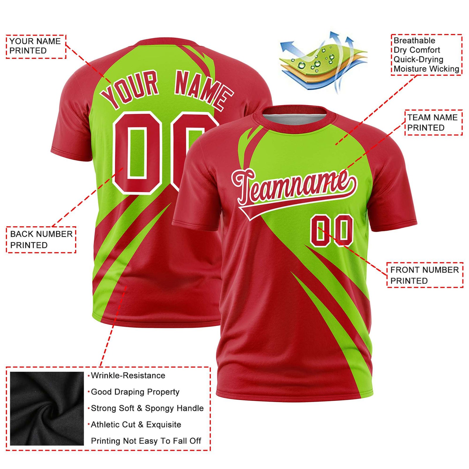 Custom Neon Green-Red Personalized Slanting Lump Pattern Performance T-Shirt