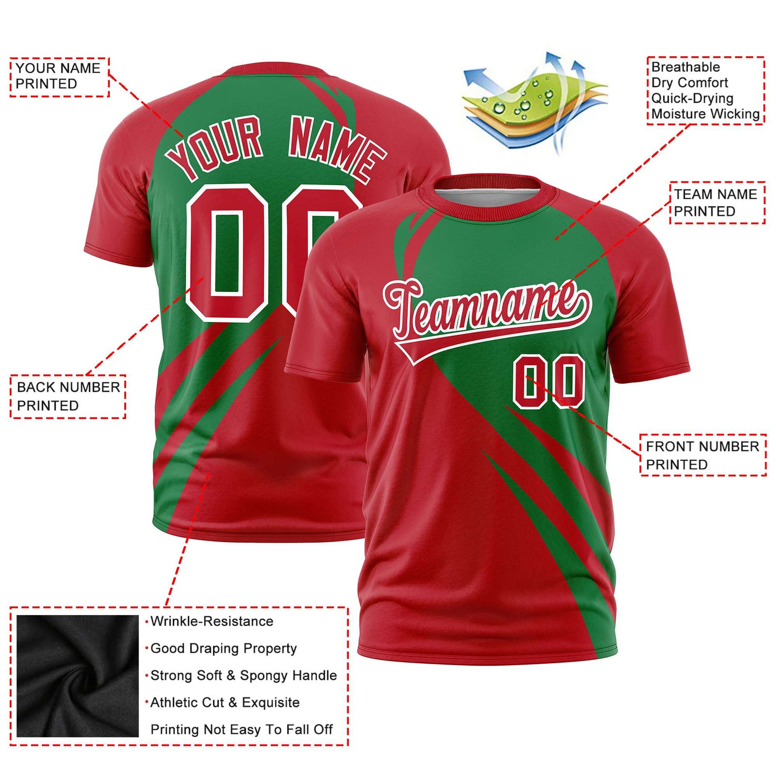Custom Kelly Green-Red Personalized Slanting Lump Pattern Performance T-Shirt