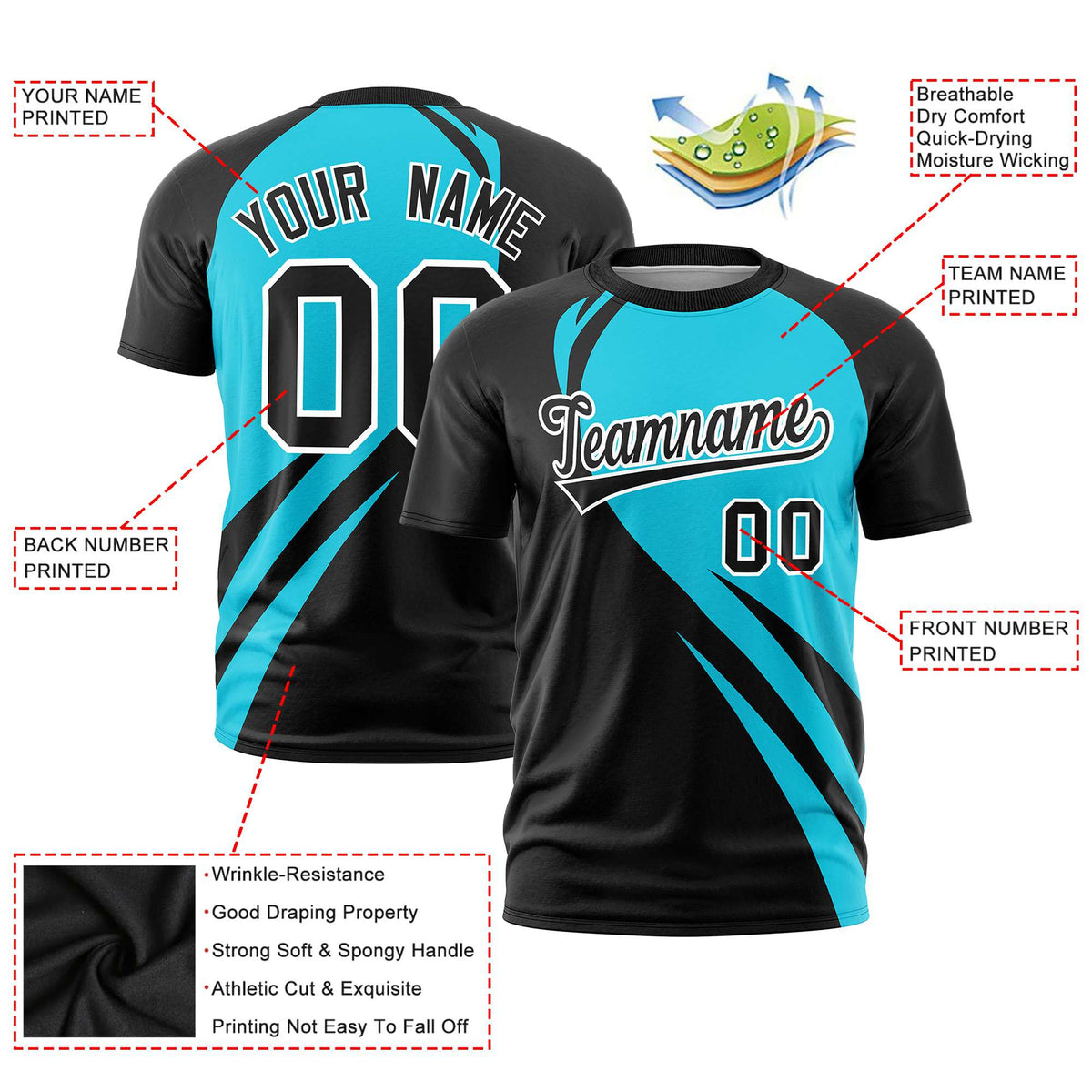Custom Sky Blue-Black Personalized Slanting Lump Pattern Performance T-Shirt