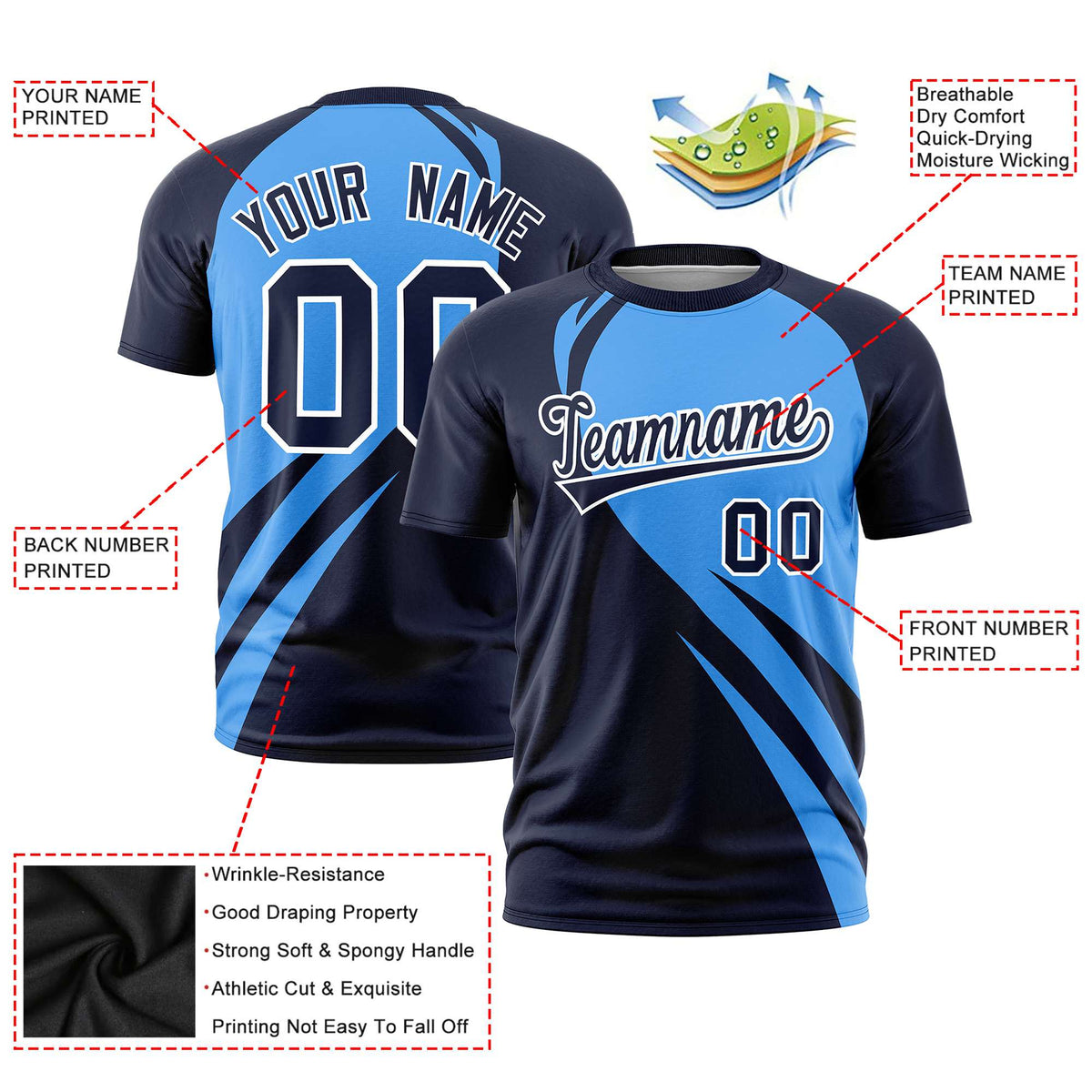 Custom Powder Blue-Navy Personalized Slanting Lump Pattern Performance T-Shirt