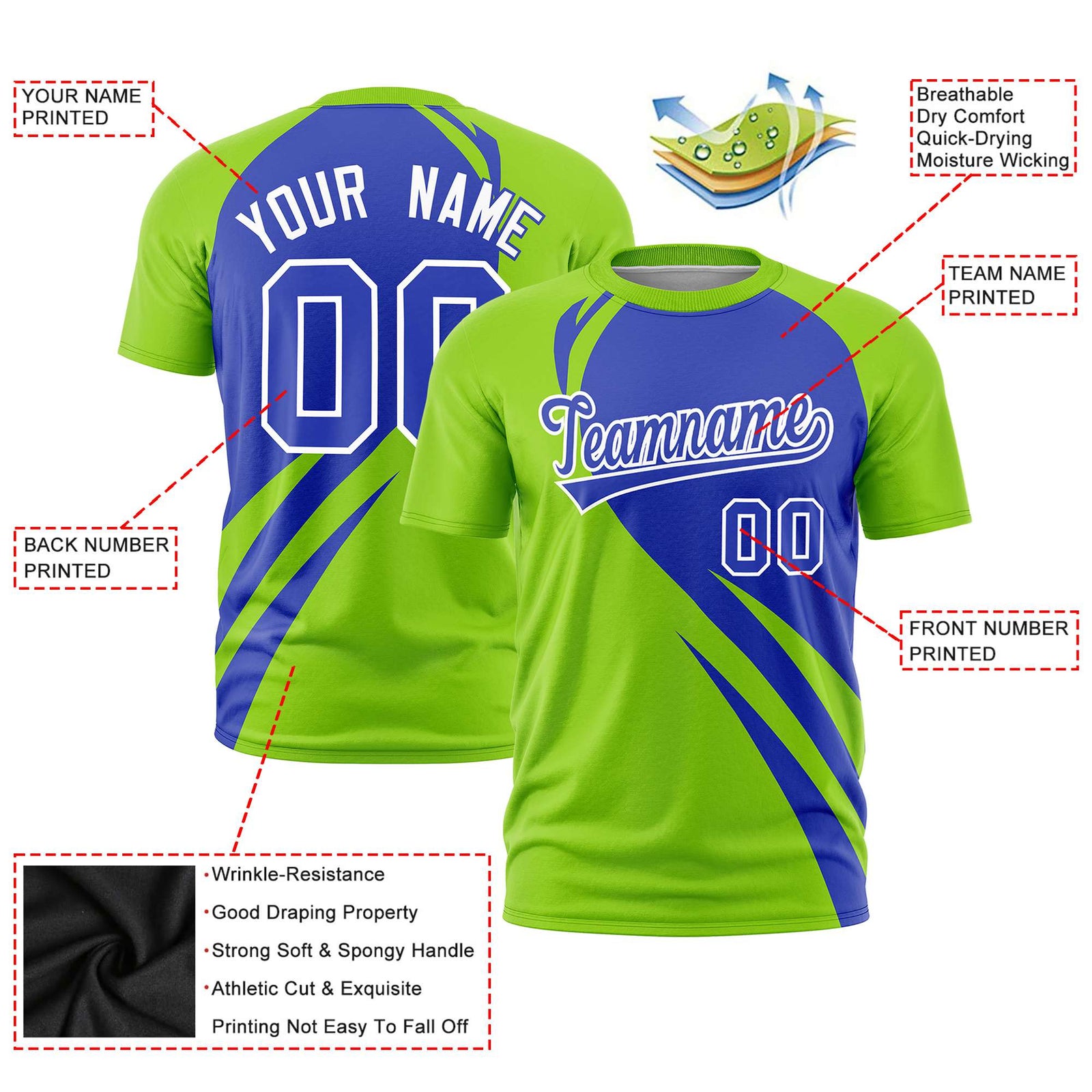Custom Royal Blue-Neon Green Personalized Slanting Lump Pattern Performance T-Shirt